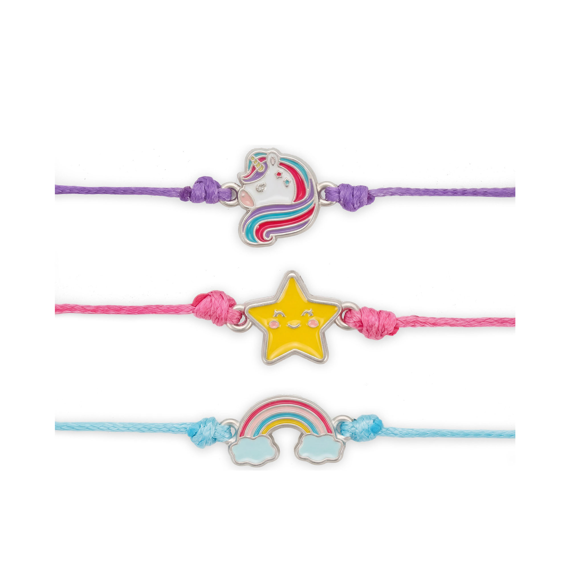 Drei Armbänder mit Einhorn-, Stern- und Regenbogenanhänger, mit drei Armbändern und gut sichtbaren Anhängern waagerecht angeordnet.