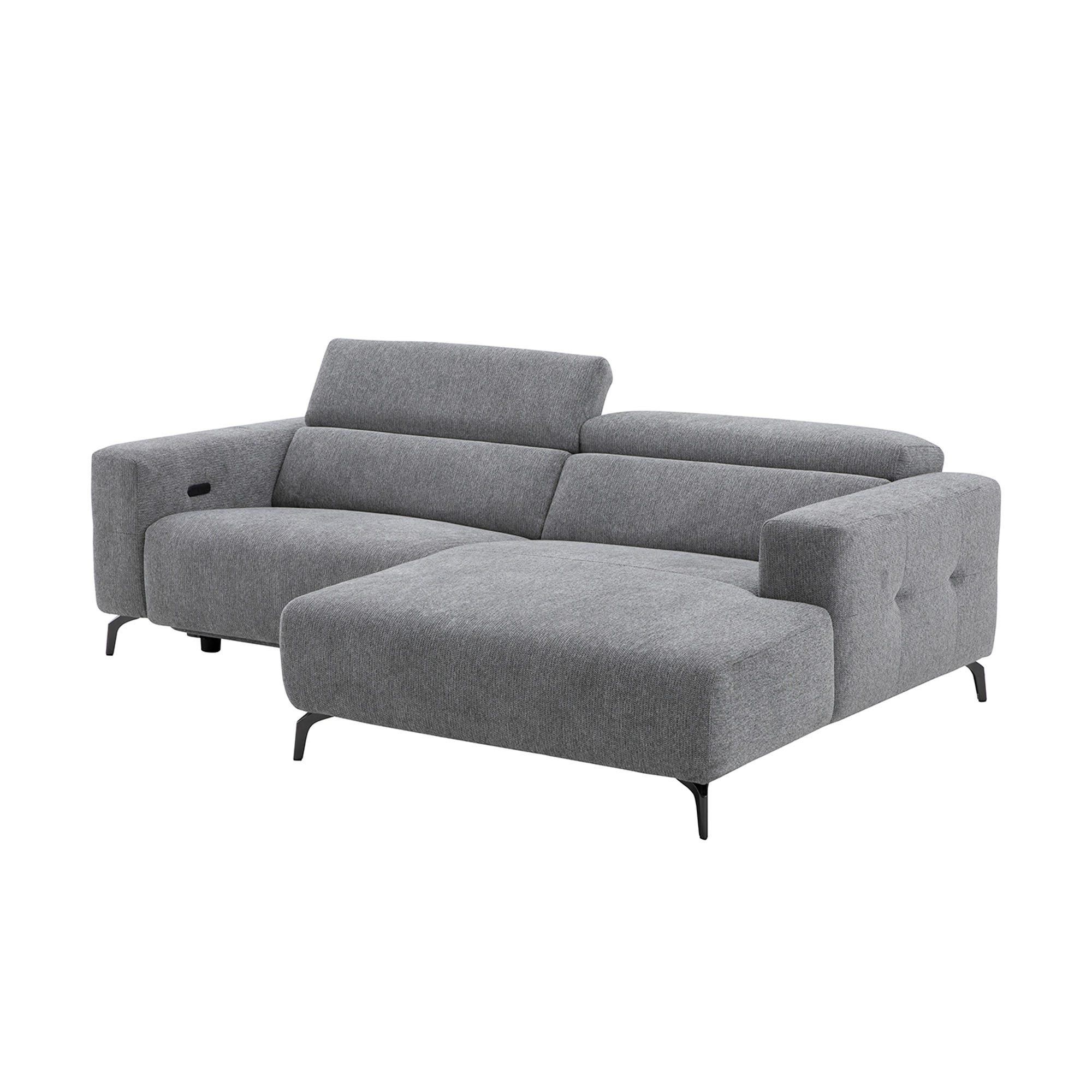 Graues Ecksofa mit hochgestellten Kopfstützen und breiten Armlehnen auf Metallfüßen