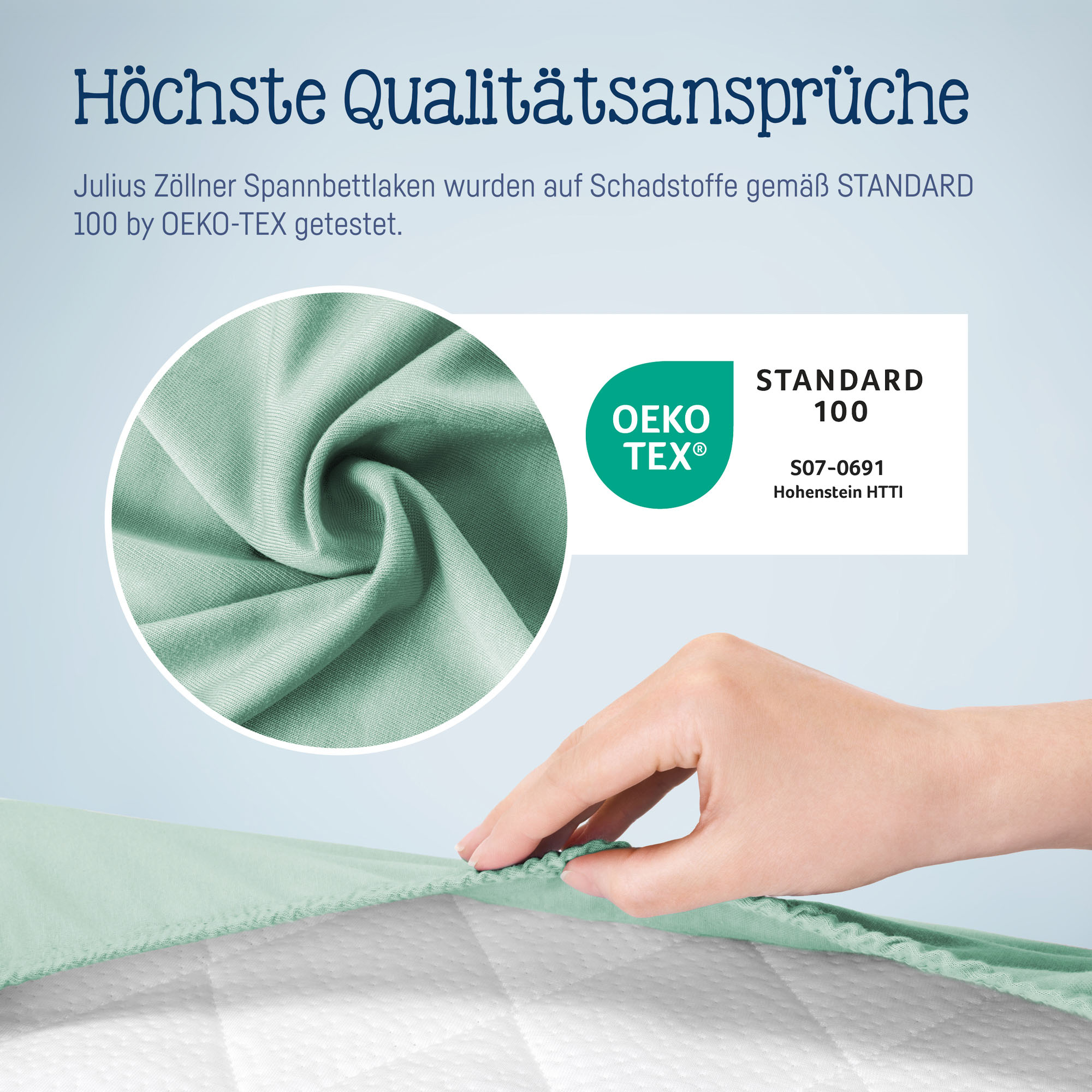 Mintfarbenes Julius Zöllner Spannbettlaken mit OEKO-TEX STANDARD 100 Zertifikat und Nahaufnahme des weichen Stoffes