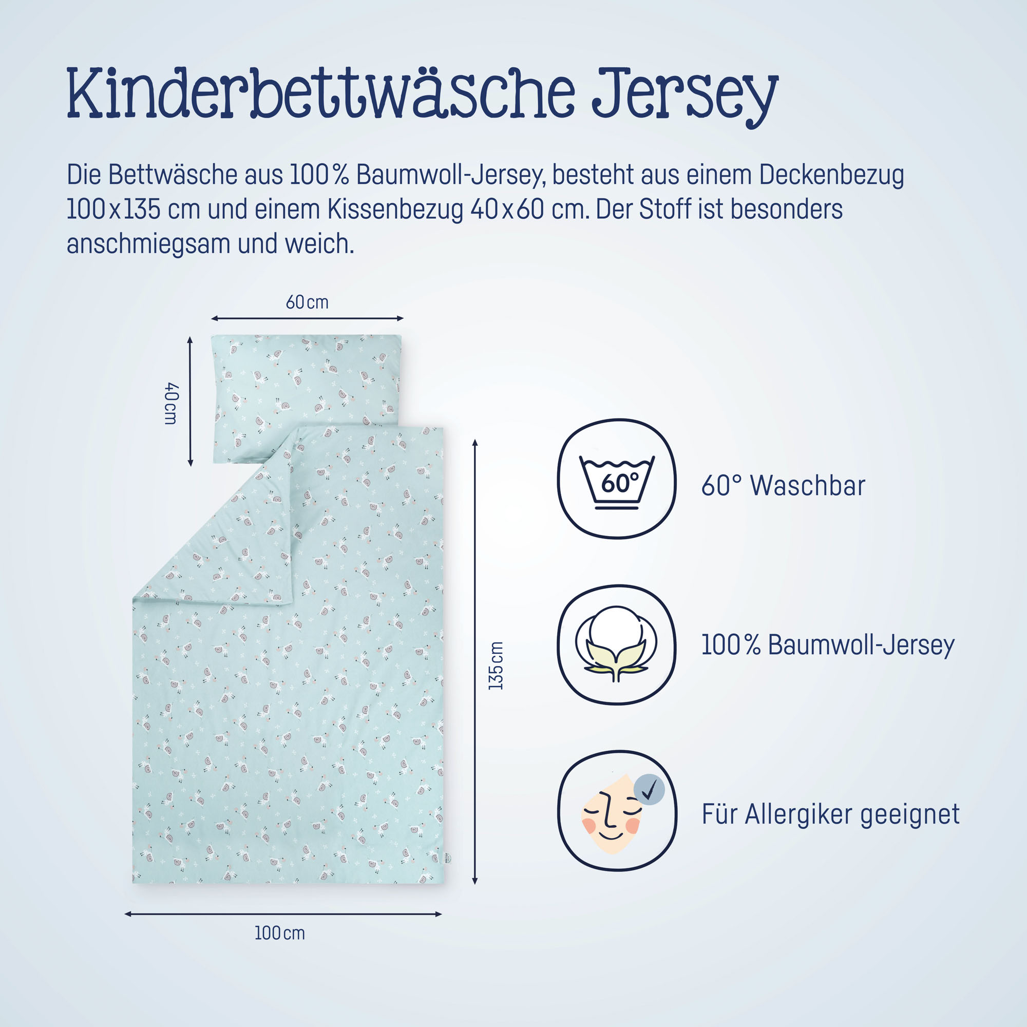 Infografik zur Jersey-Kinderbettwäsche mit Größenangaben, Waschsymbolen und Materialhinweisen