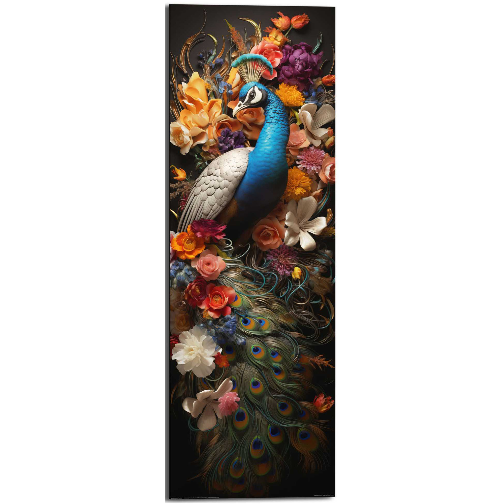 Frontansicht des Wandbilds „Colourful Peacock“ in Mehrfarbig, Größe 30 × 90 cm; das vollständige Motiv ist zu sehen.