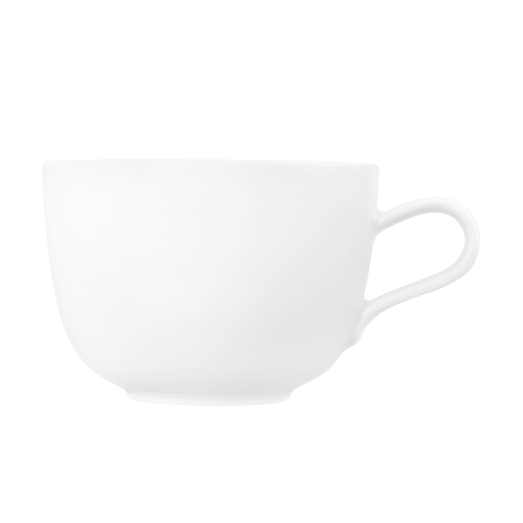 Tasse in Weiß. Sichtbare Merkmale: niedrige geradlinige Form mit eckigem Henkel. Darstellung: Ansicht der zweiten Seite.
