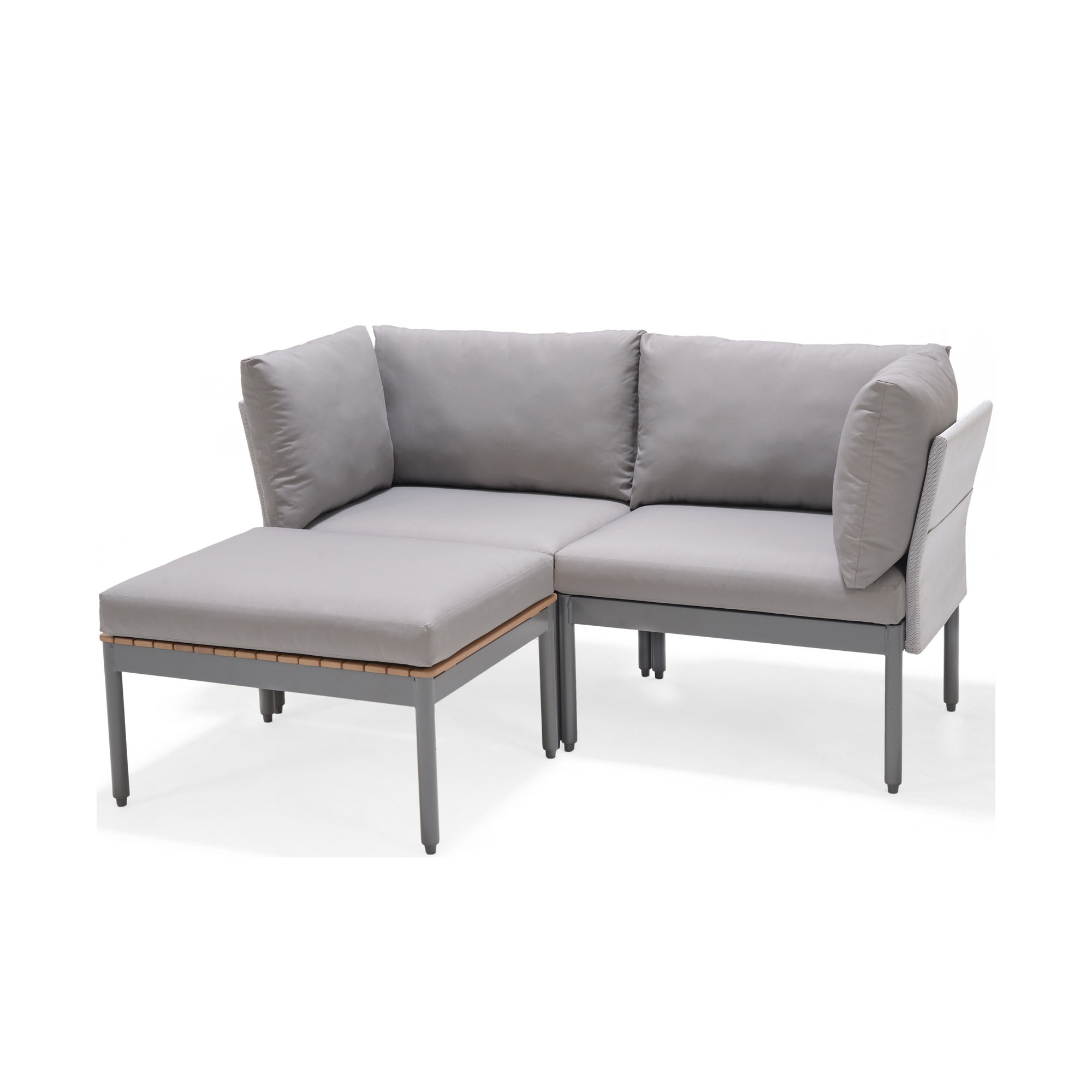 Eck-Lounge-Set mit Aluminiumrahmen, wetterfesten Polstern und passendem Teak-Tisch für Terrasse oder Garten.