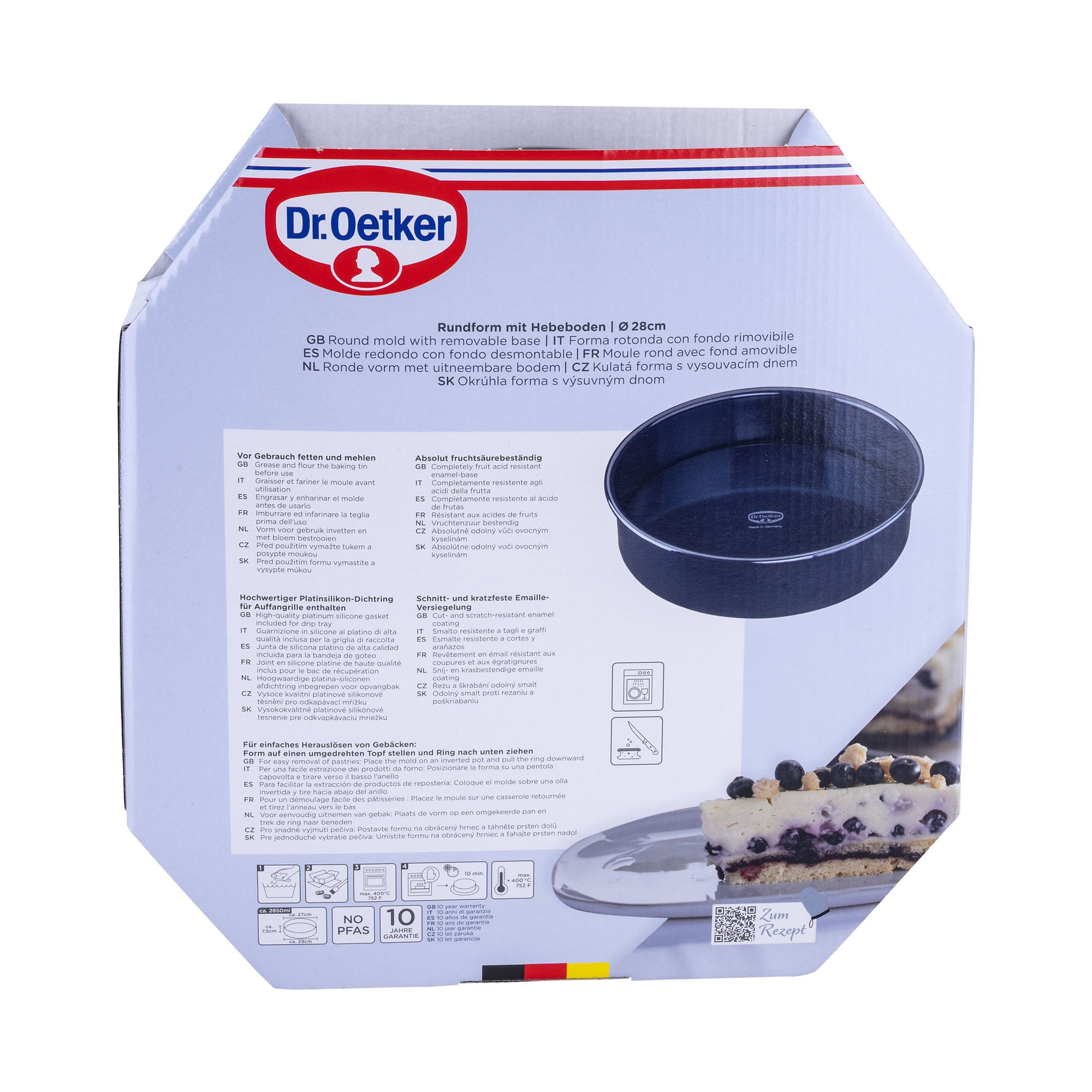 Rückseite der Verpackung einer Emaille Springform mit technischen Angaben und Nutzungshinweisen