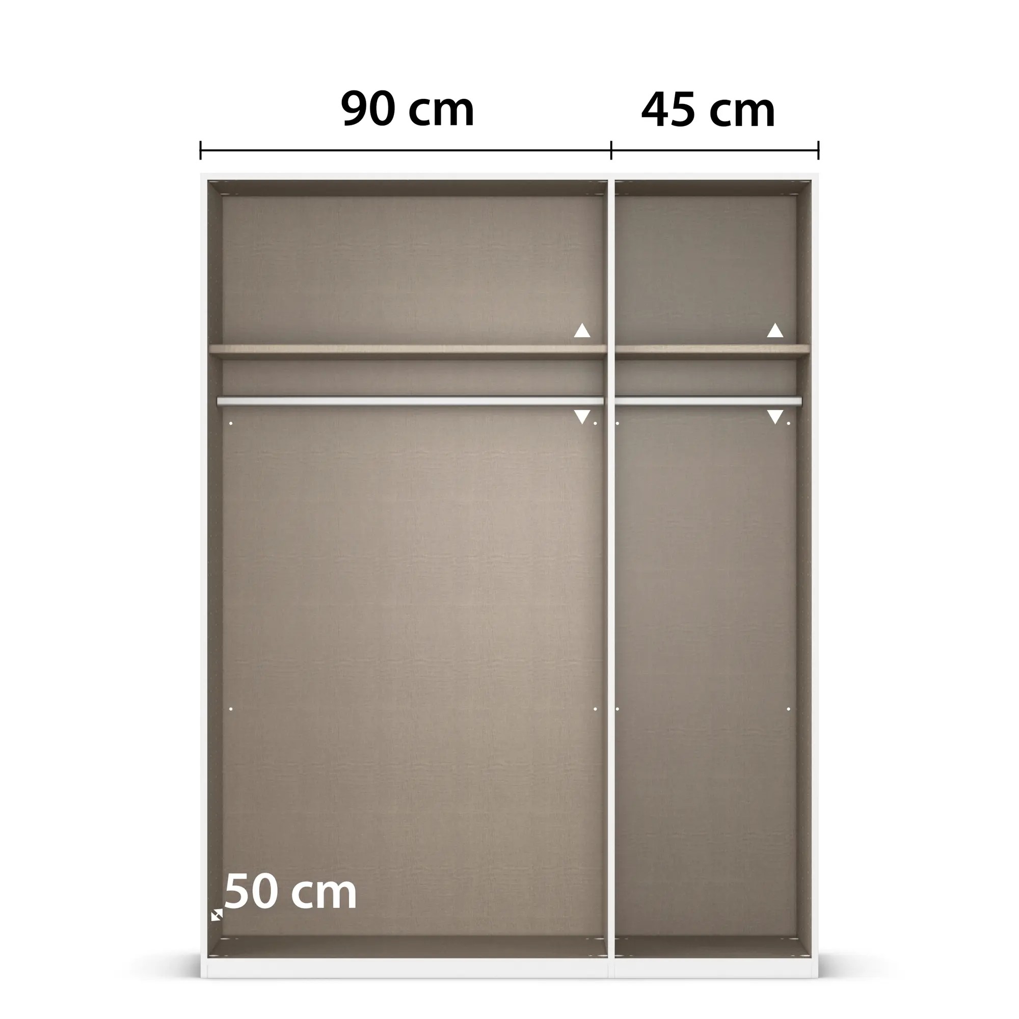 Innenansicht eines 3-türigen Kleiderschranks mit zwei Bereichen, Einlegeböden und Kleiderstangen, Breite 90 cm und 45 cm