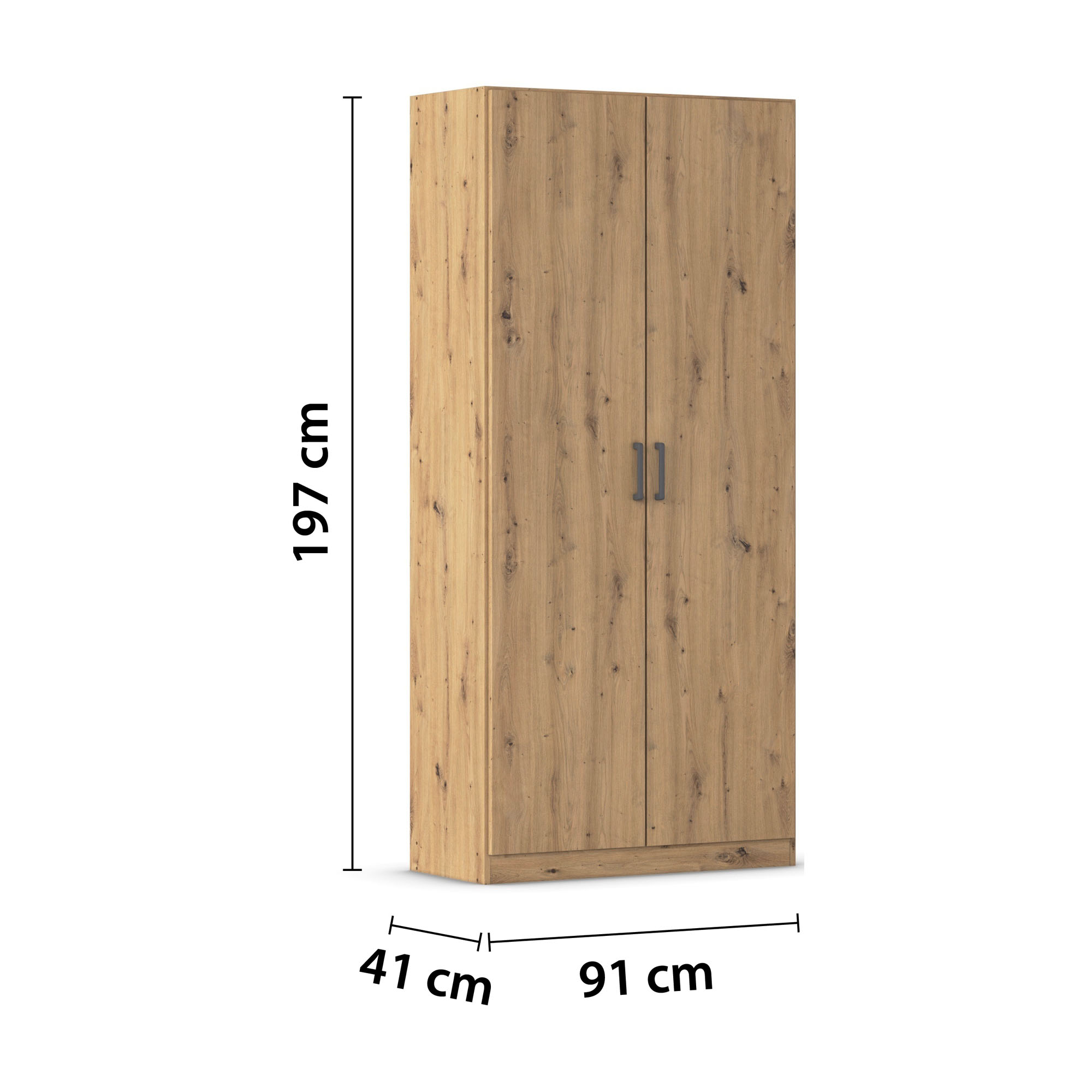 Schrägansicht eines Drehtürenschranks im Dekor Artisan Eiche, zwei Türen mit schwarzen Griffen, Maße Breite 91 cm, Höhe 197 cm, Tiefe 41 cm.