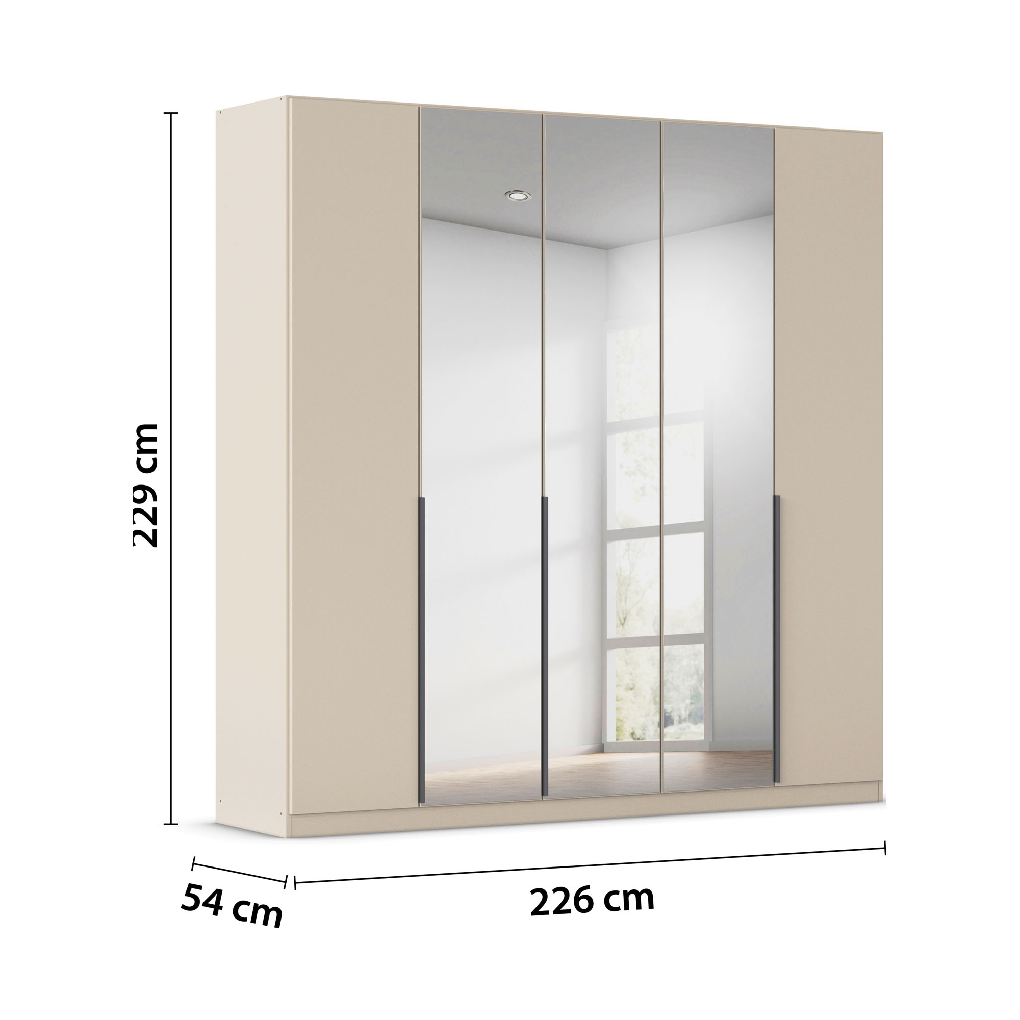Champagnerfarbener 5-türiger Kleiderschrank mit Spiegel und Maßangaben Breite 226 cm, Höhe 229 cm und Tiefe 54 cm