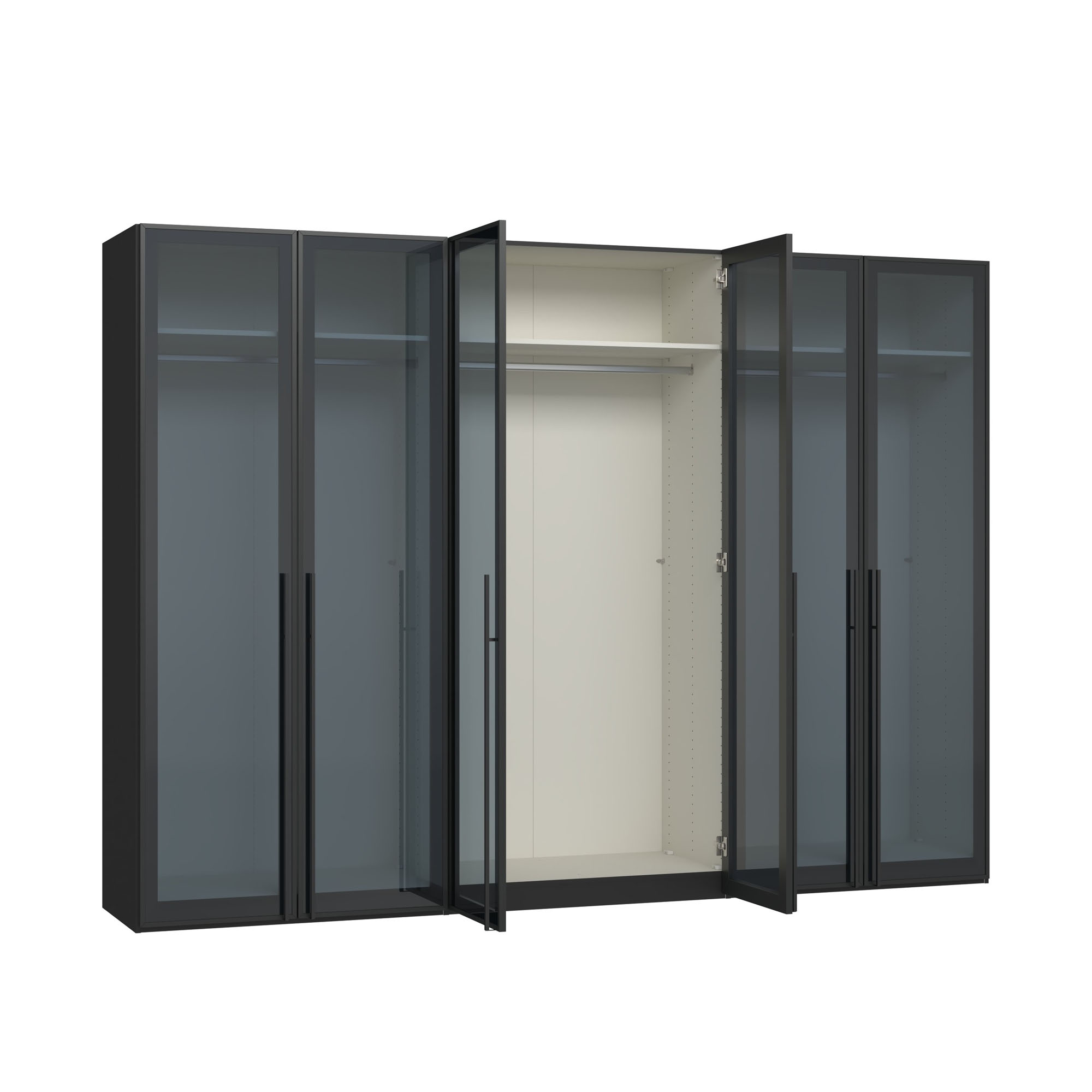 Drehtürenschrank mit geöffneter rechter Glastür und Blick in den Innenraum