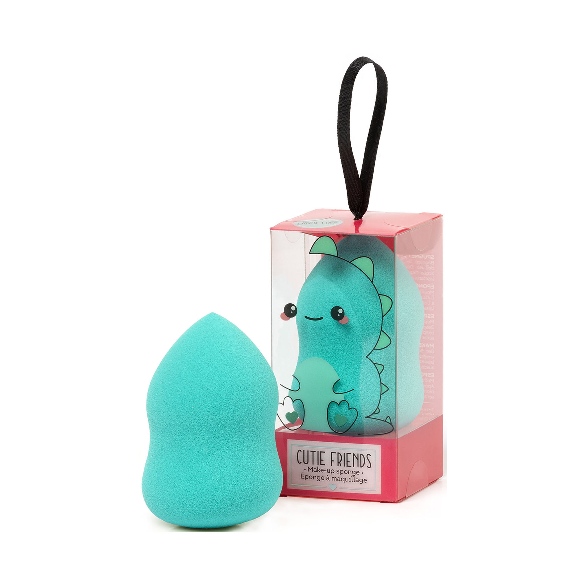Türkisfarbener Make-up-Schwamm im Dinosaurier-Design, als tropfenförmiger Schwamm neben der bedruckten Kartonverpackung dargestellt.