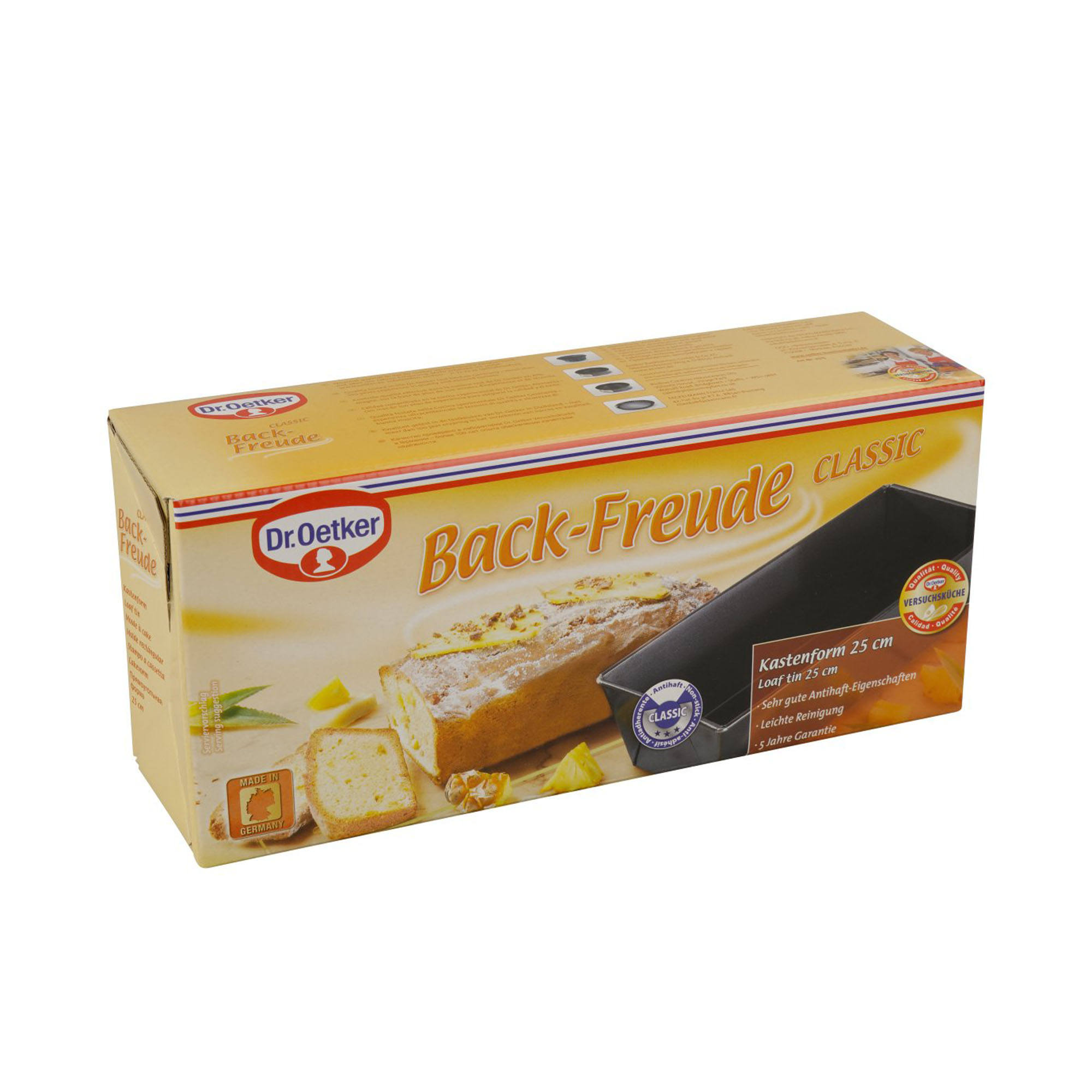 Verpackung der Kastenform 25 cm mit Back Freude Design und Kuchenabbildung