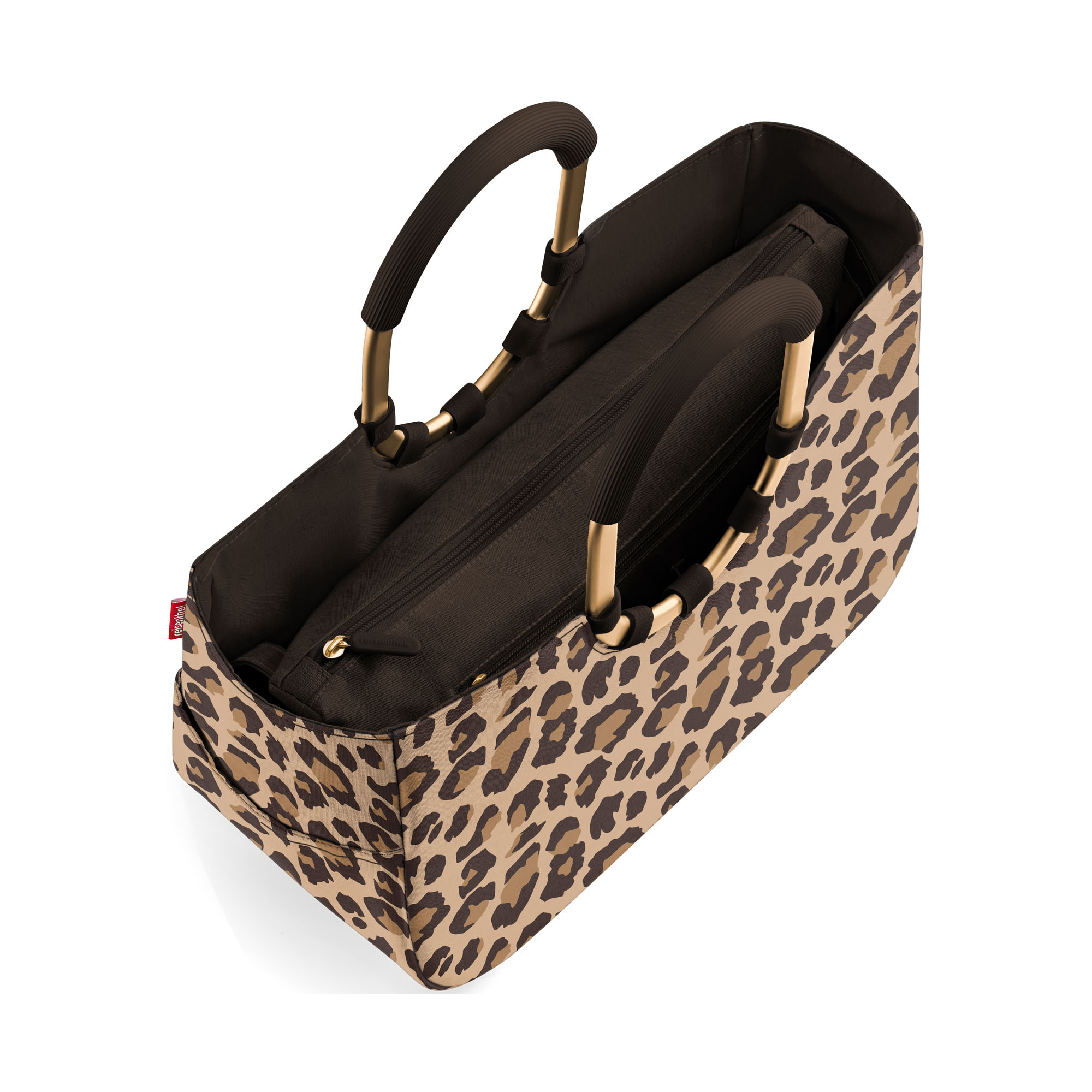 Shopper von Reisenthel, Modell Loopshopper M, in Beige und Braun mit Leopardenmuster und braun-goldfarbenen Rahmendetails, schräg von oben mit geöffnetem Innenraum und Innentasche.