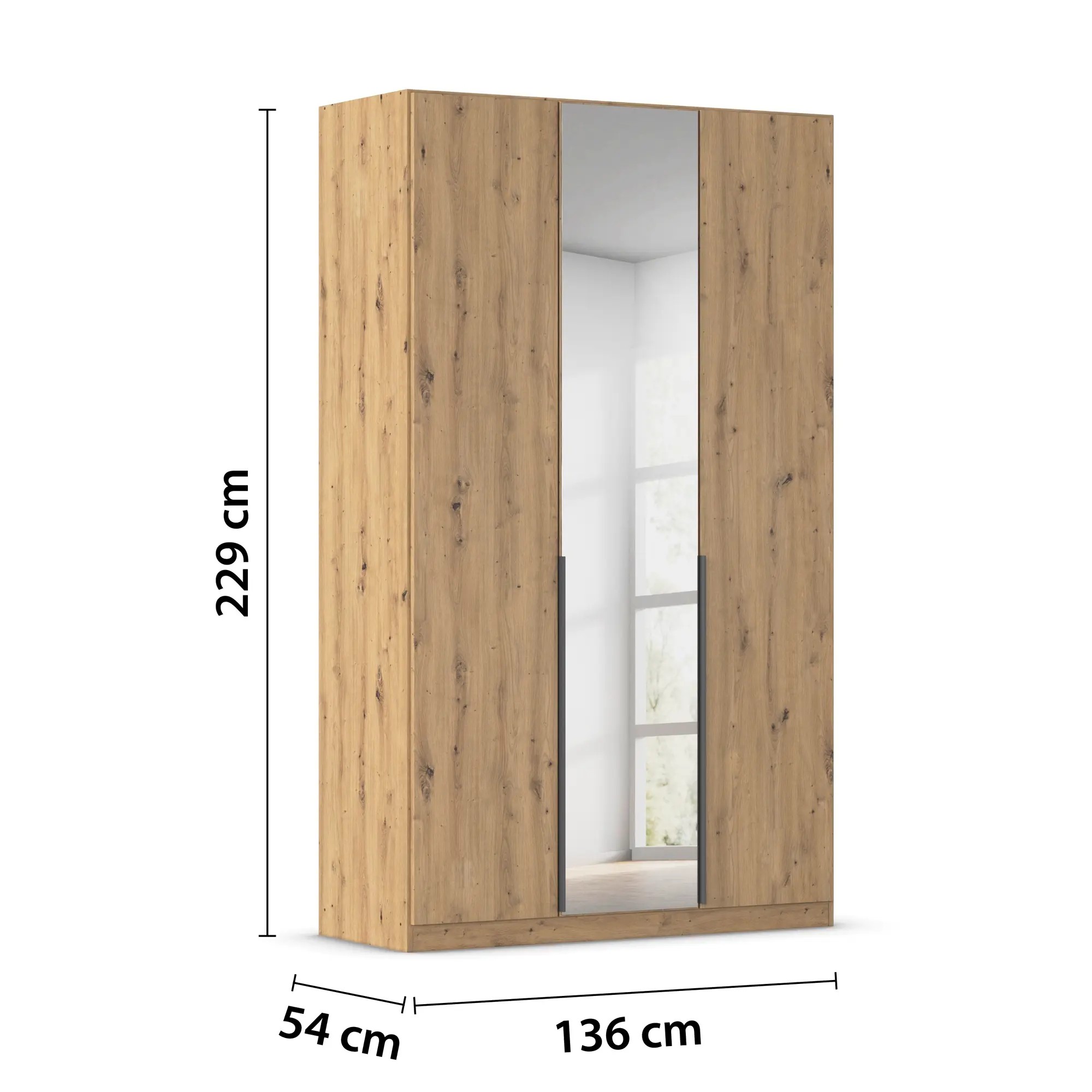 Kleiderschrank in Eiche Artisan mit eingezeichneten Maßen 136 cm Breite, 229 cm Höhe und 54 cm Tiefe