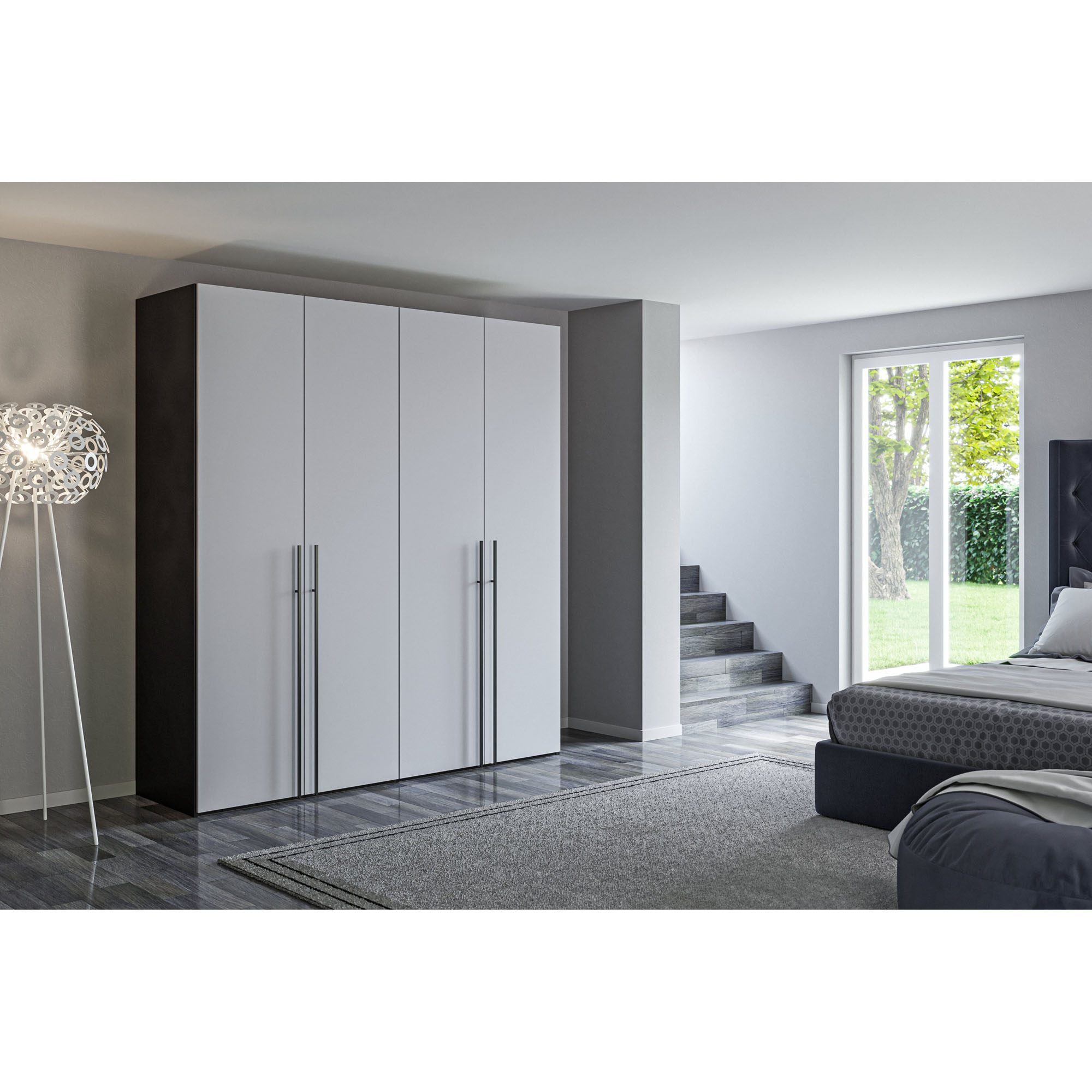 Viertüriger Kleiderschrank in einem modernen Schlafzimmer mit Bett, Teppich und Fenster