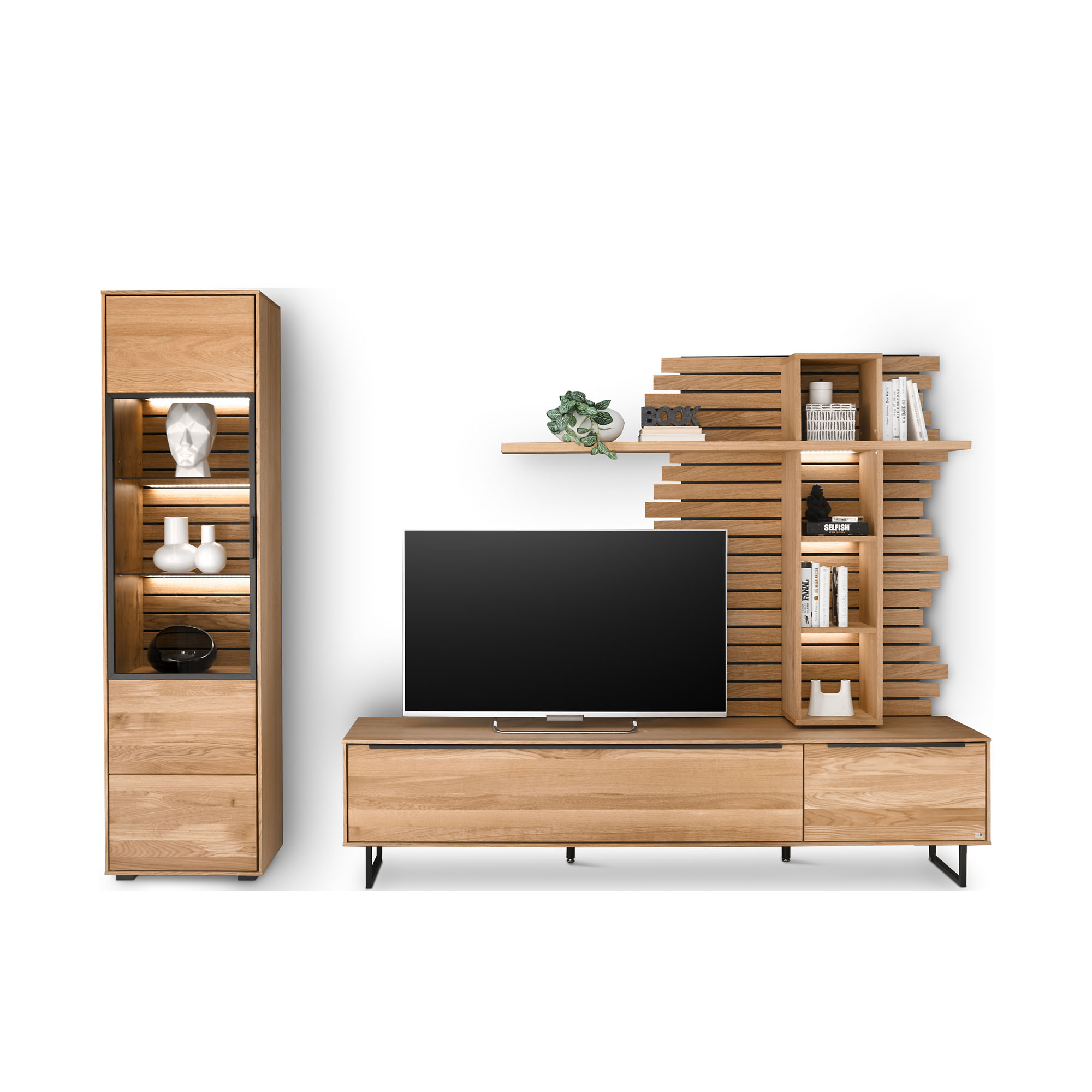 Wohnwand Musterring Set One Jackson mit beleuchteter Vitrine TV Lowboard und Wandregal für strukturierte Aufbewahrung und Präsentation