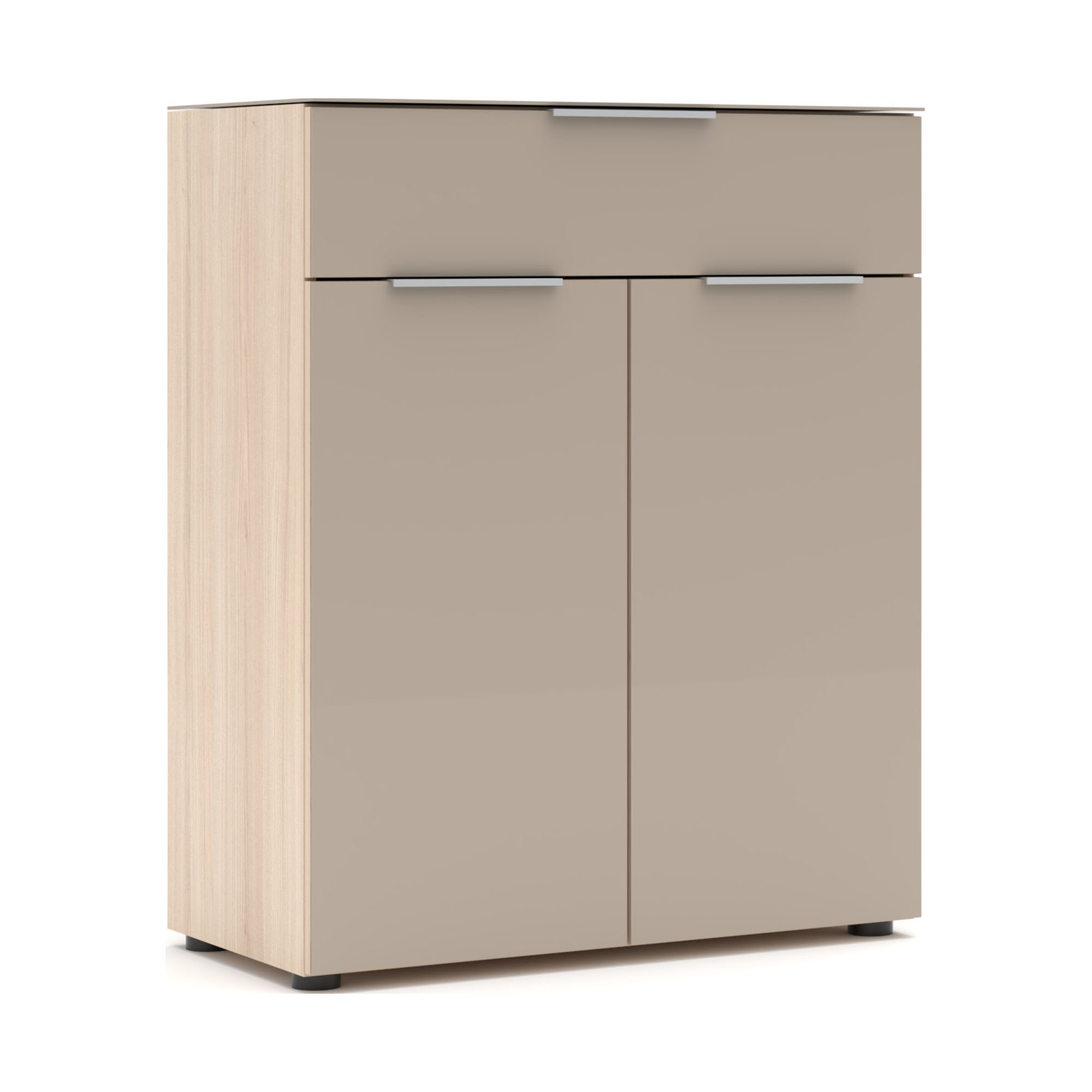 Schräger Blick auf eine Kommode mit beiger Front, heller Holzseite, einer oberen Schublade und zwei unteren Türen.