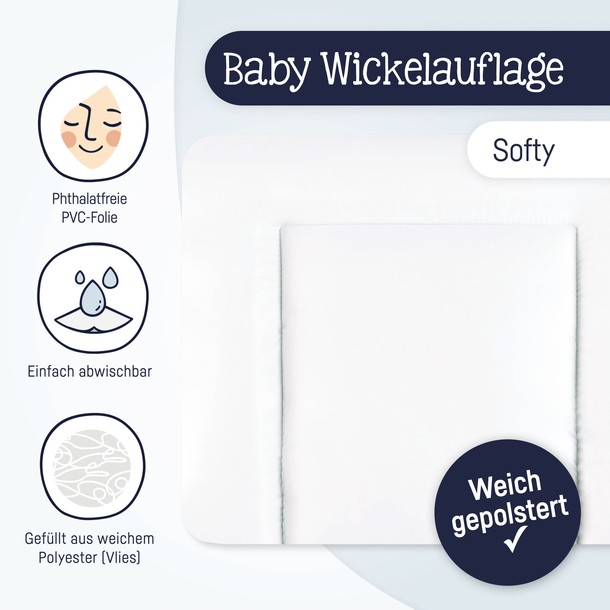Informationsgrafik einer weißen Wickelauflage mit Symbolen zu phthalatfreier Folie, abwischbarer Oberfläche und weicher Polsterung