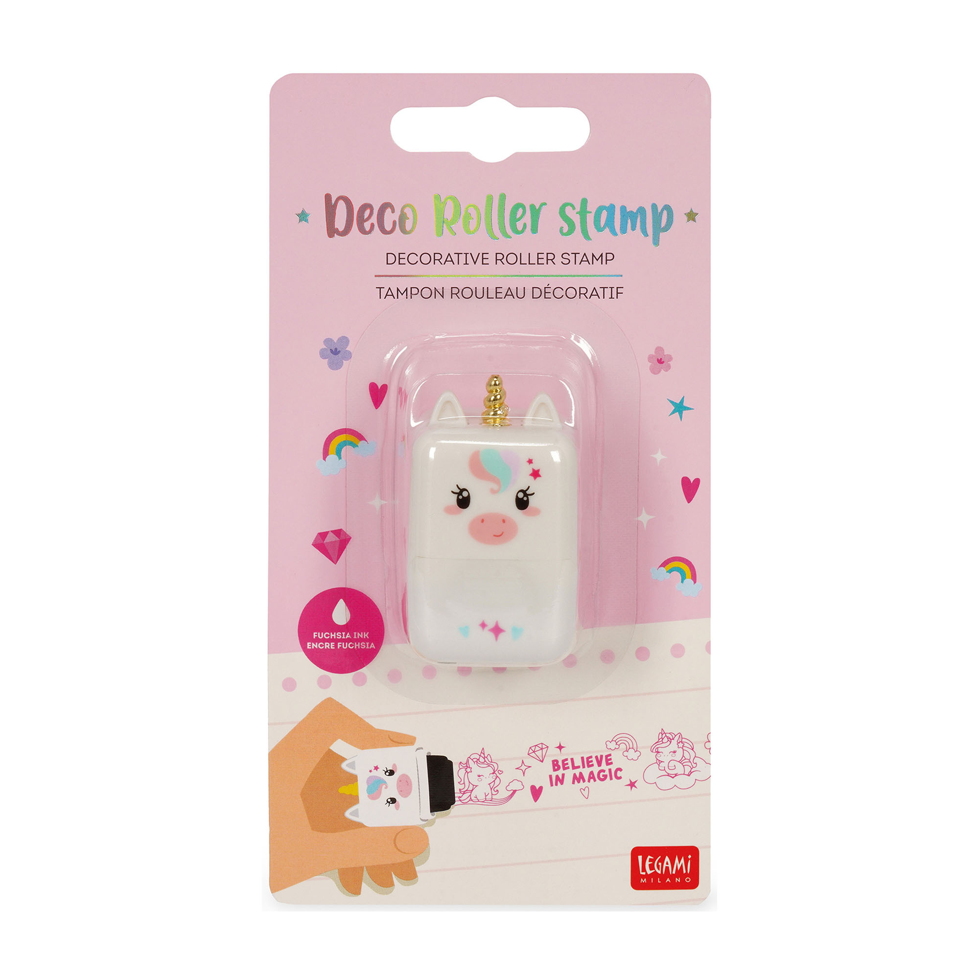 Weißer Deko-Rollstempel im Einhorn-Design, in einer transparenten Blisterverpackung gezeigt.