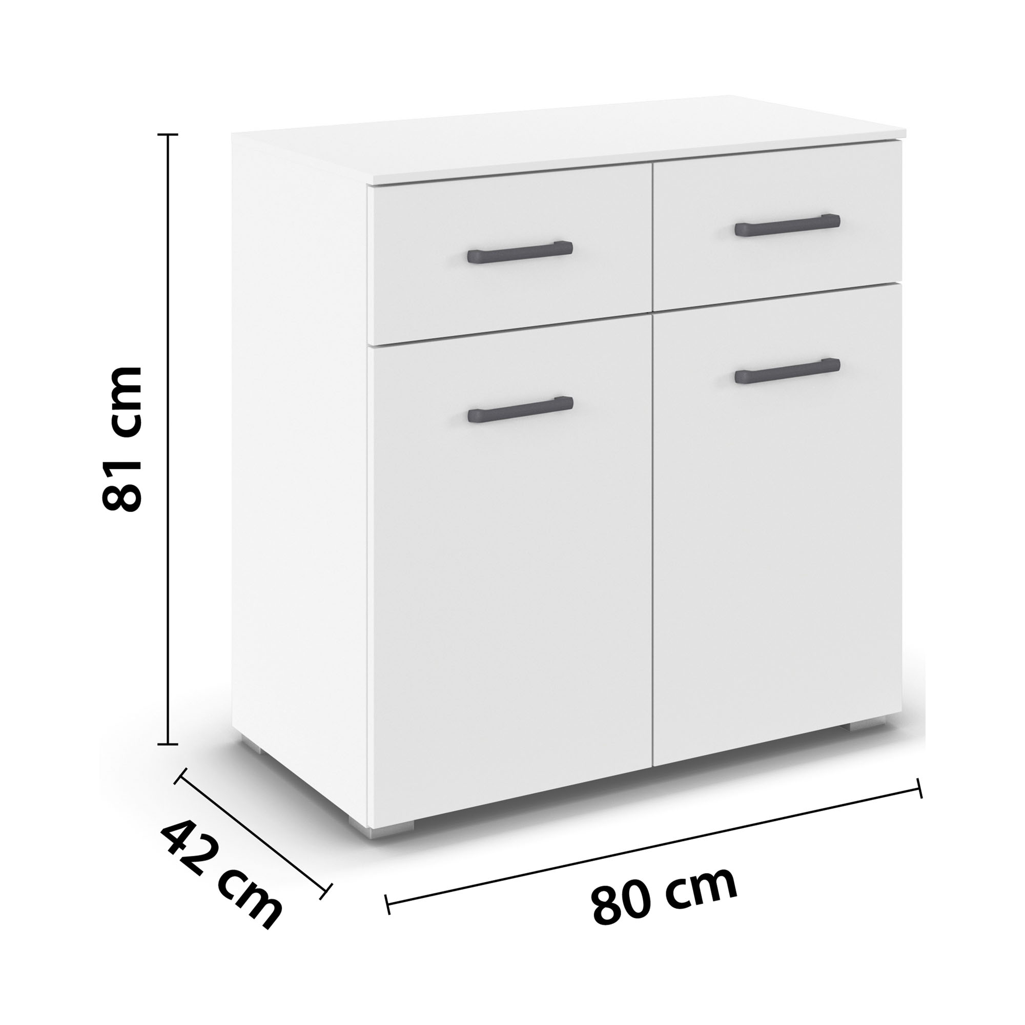 Weißes Sideboard mit Maßangaben Breite 80 cm, Höhe 81 cm und Tiefe 42 cm mit zwei Schubläden und zwei Türen
