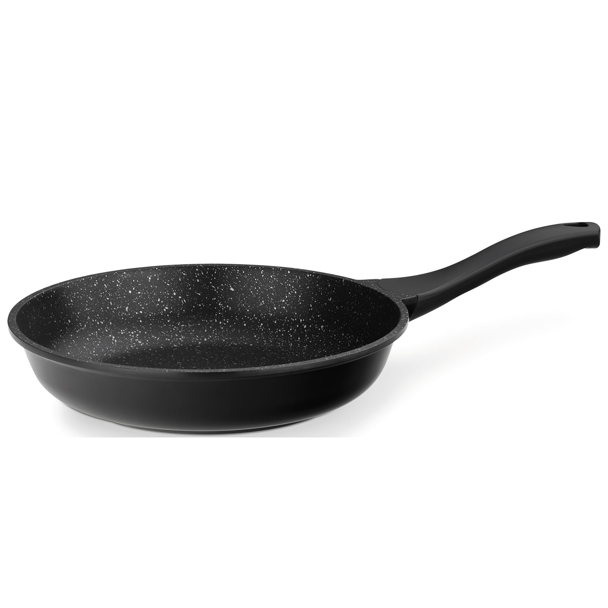 Schwarze runde Bratpfanne mit langem Griff auf hellem Hintergrund
