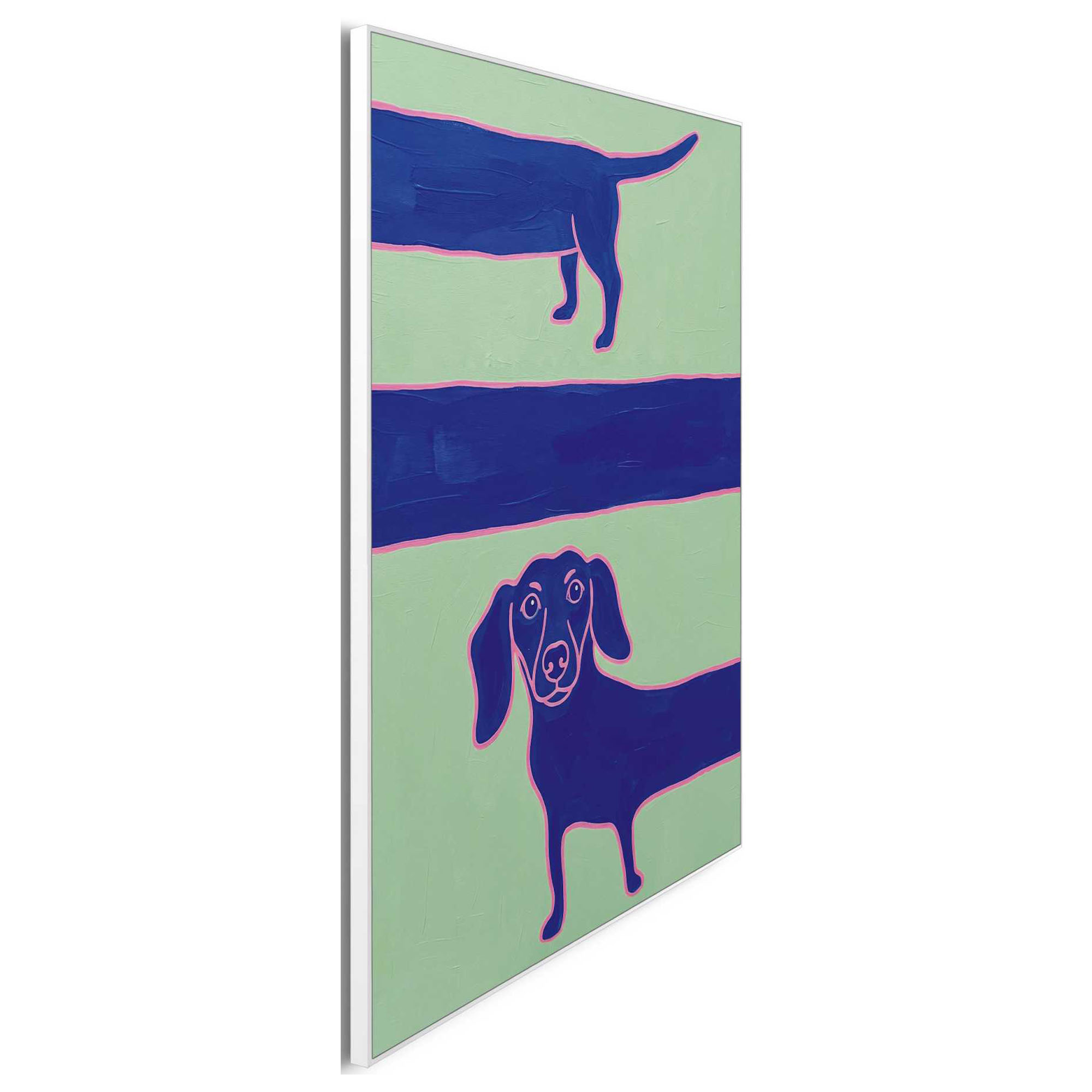 Seitliche Schrägansicht des Wandbilds „Long Dachshund“, 40 × 50 cm; Profil, Kante und Tiefe des Bildes sind erkennbar.
