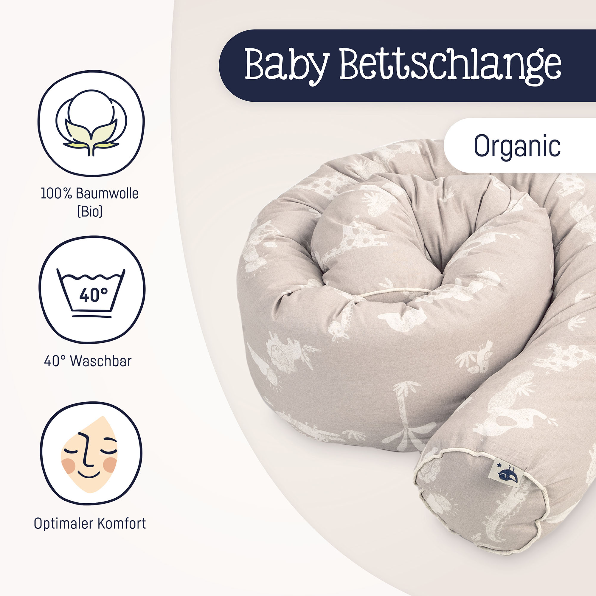Beige Baby Bettschlange mit weißen Safari-Motiven, daneben Icons mit Informationen zu 100 % Bio-Baumwolle, 40 ° waschbar und optimalem Komfort
