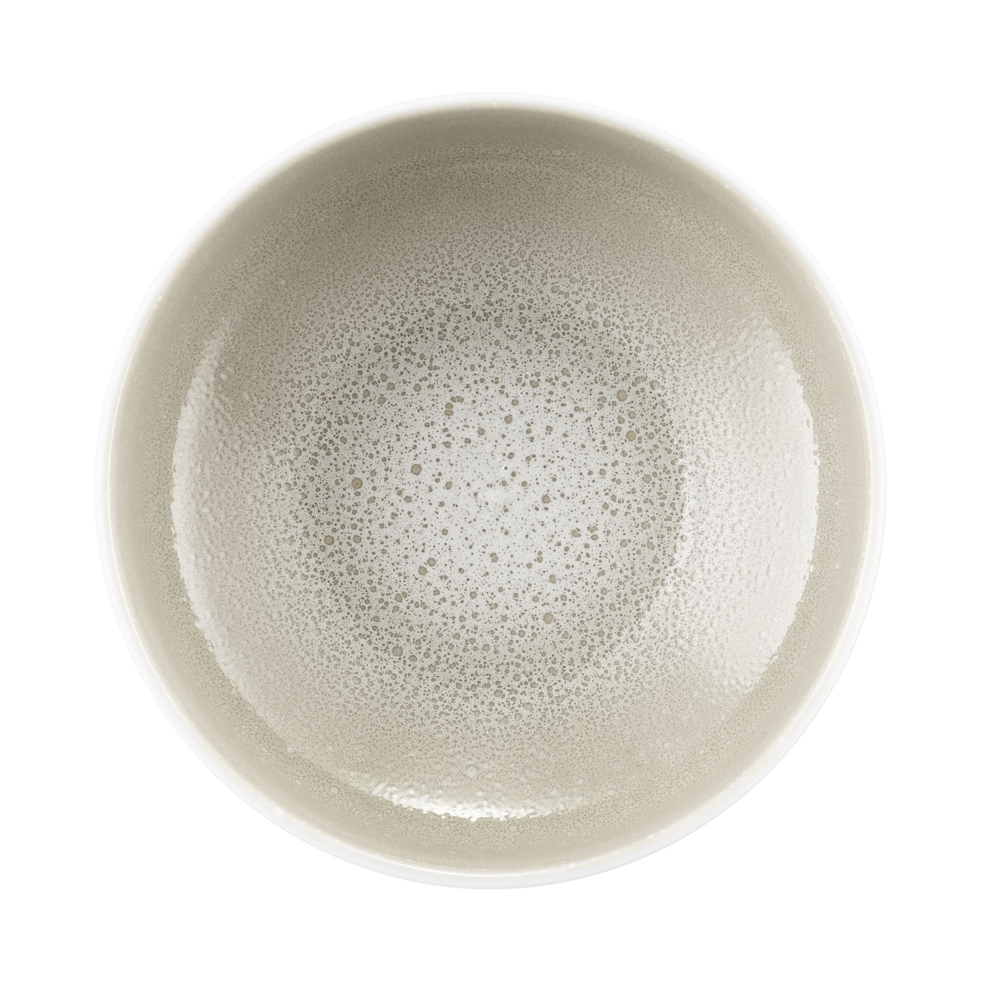 Schale in Weiß und Grau-Beige. Sichtbare Merkmale: runde Form mit weißer Außenseite und gesprenkeltem Innenraum. Darstellung: Draufsicht.