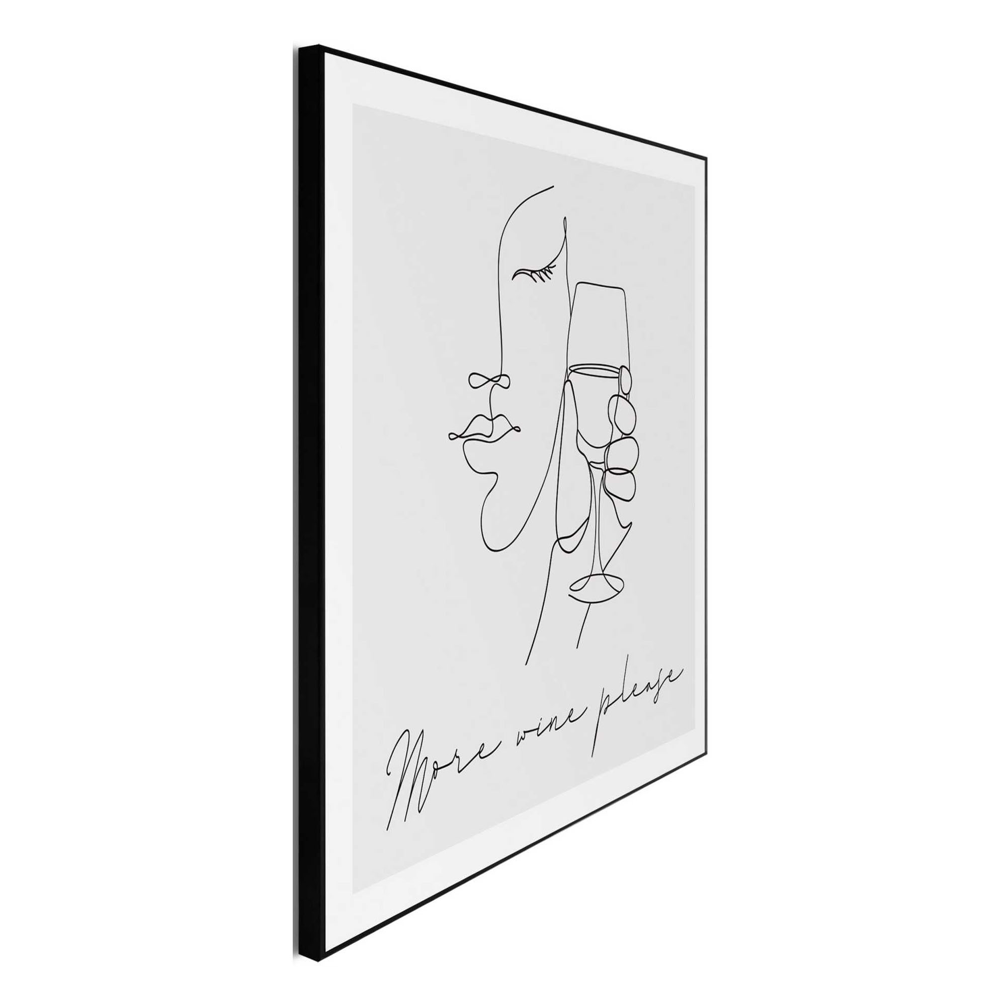 Seitliche Schrägansicht des Wandbilds „More Wine Please“, 50 × 50 cm; Profil, Kante und Tiefe des Bildes sind erkennbar.