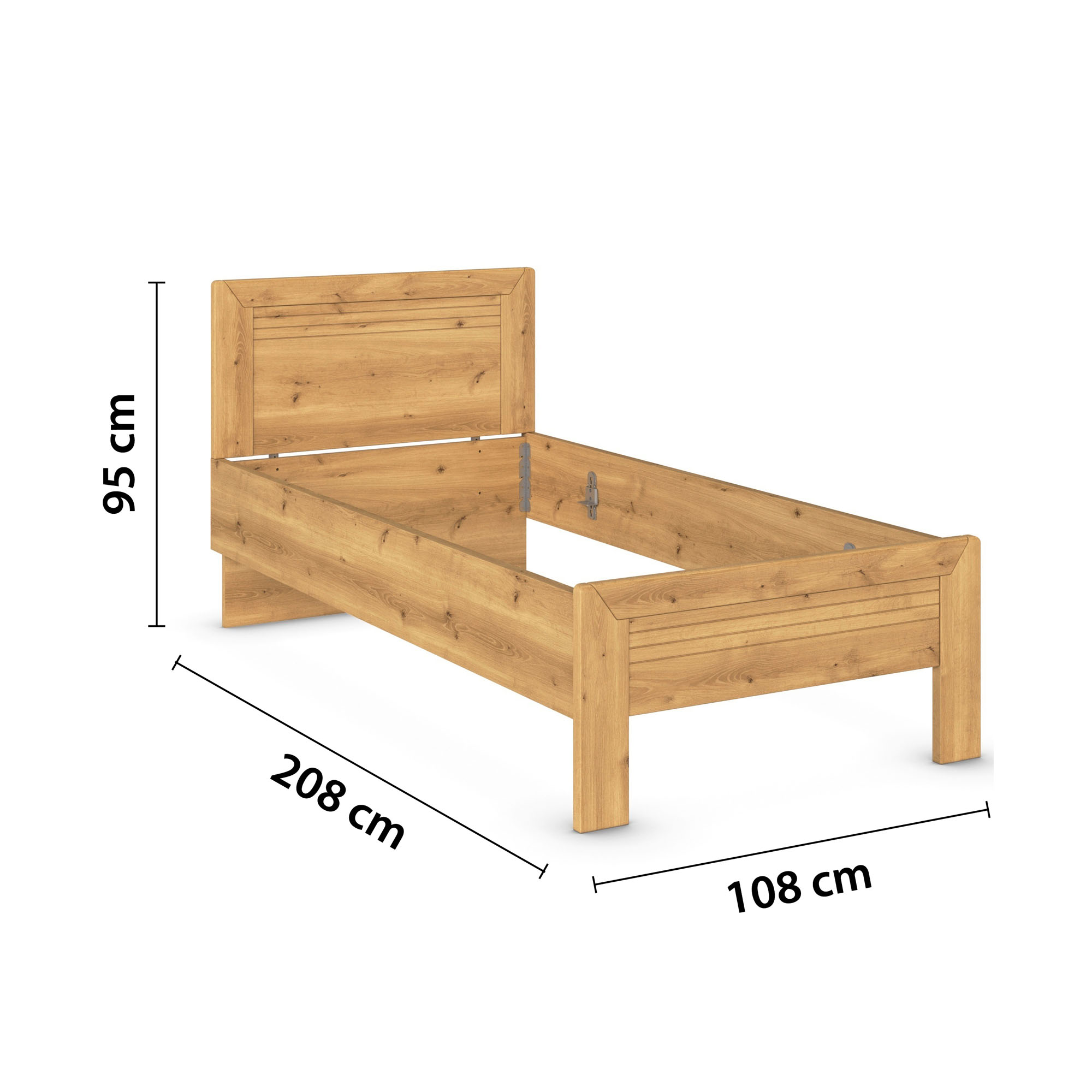 Einzelbett in Eicheoptik mit eingezeichneten Maßen Höhe 95 cm, Länge 208 cm und Breite 108 cm
