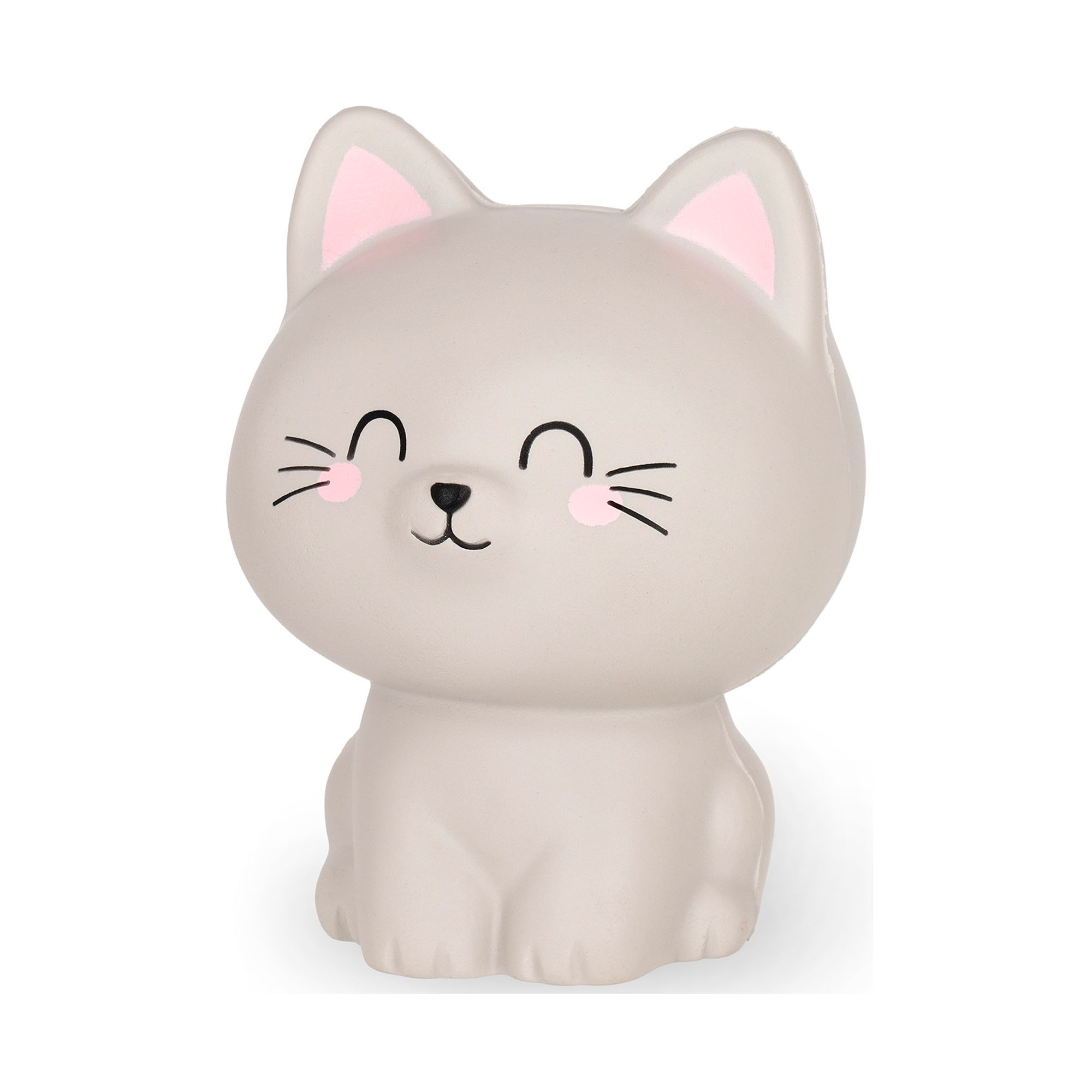 Graue Antistress-Figur in Katzenform, frontal auf weißem Hintergrund dargestellt.