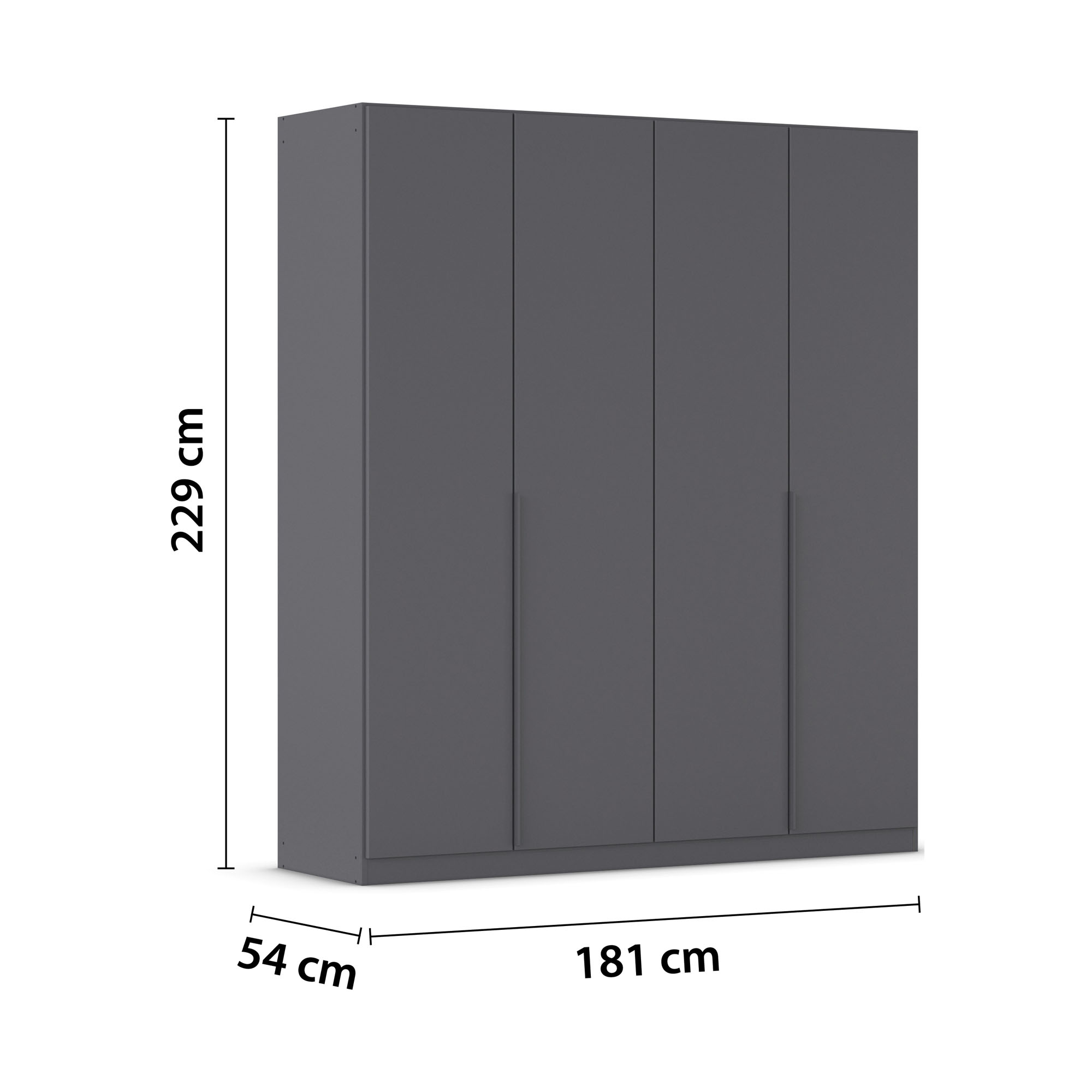 Grau-Metallicer 4-türiger Kleiderschrank mit Maßangaben Breite 181 cm, Höhe 229 cm und Tiefe 54 cm