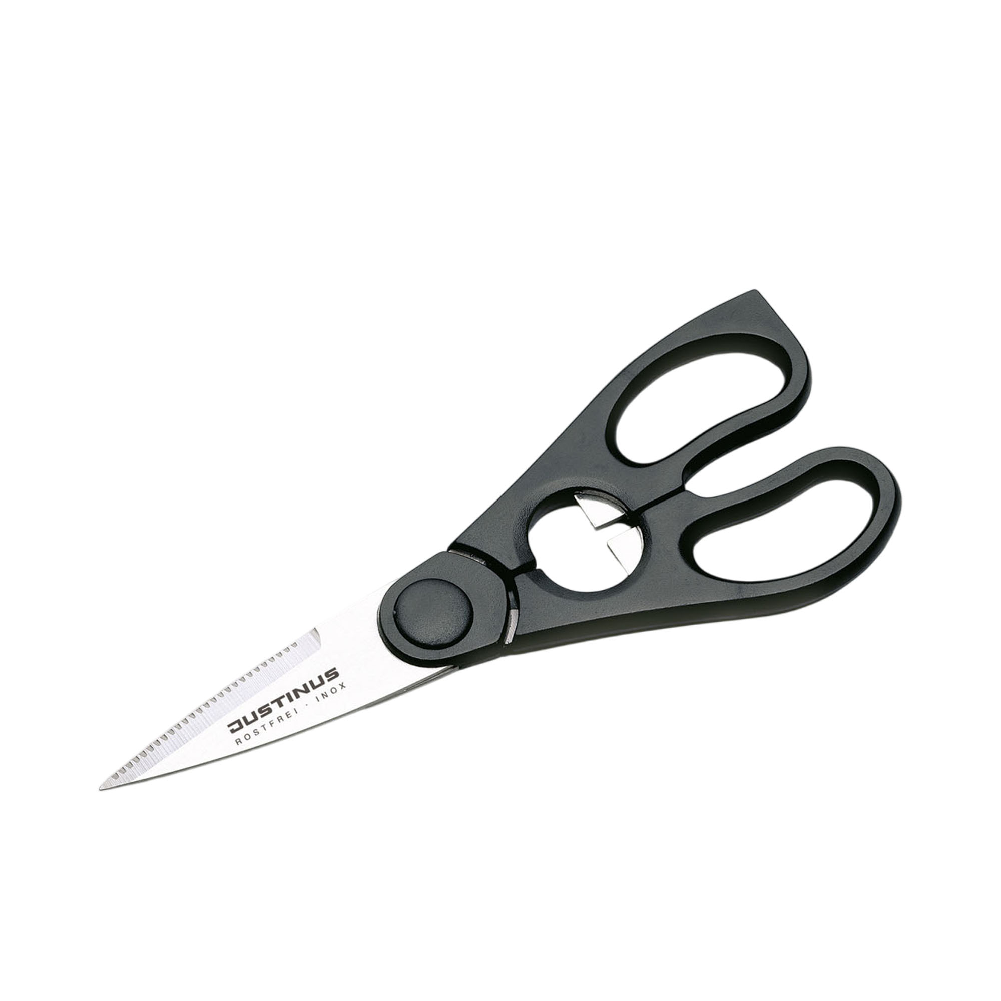 Küchenschere Küchenchef: Küchenschere mit kurzen Edelstahlklingen und schwarzen ergonomischen Grifföffnungen, schräg freigestellt.