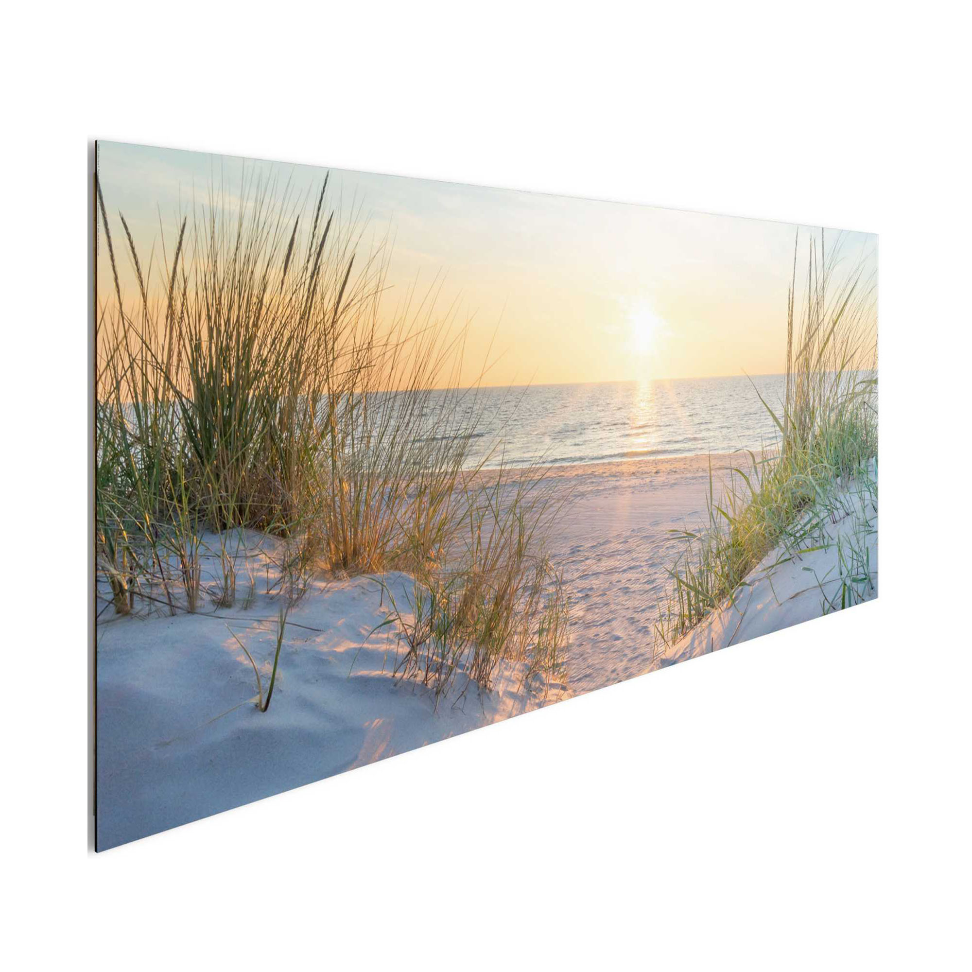 Seitliche Schrägansicht des Wandbilds „Golden Hour“, 52 × 156 cm; Profil, Kante und Tiefe des Bildes sind erkennbar.