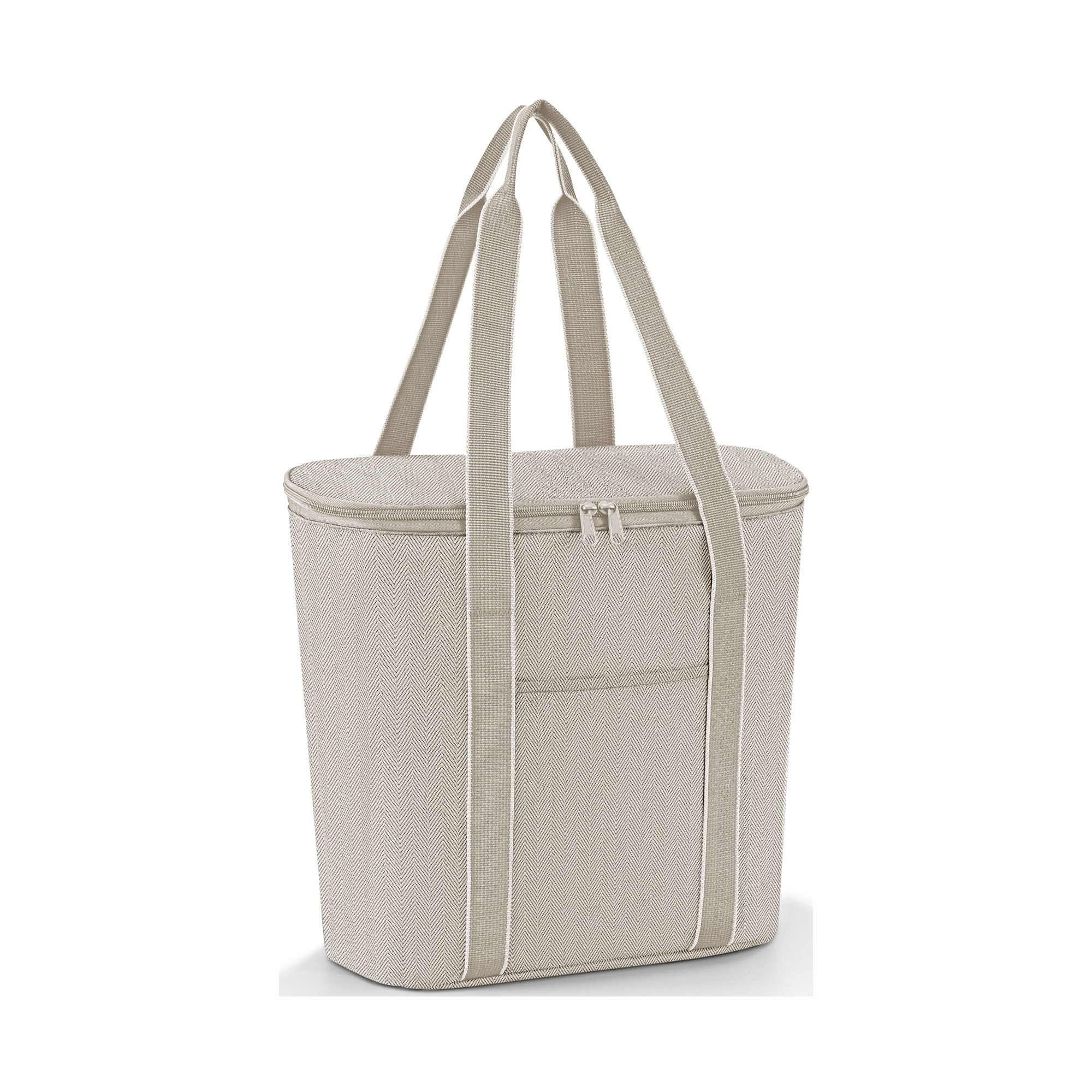 Beige Reisenthel Kühltasche mit langen Tragegriffen, Reißverschluss und feinem Fischgrätmuster auf hellem Hintergrund