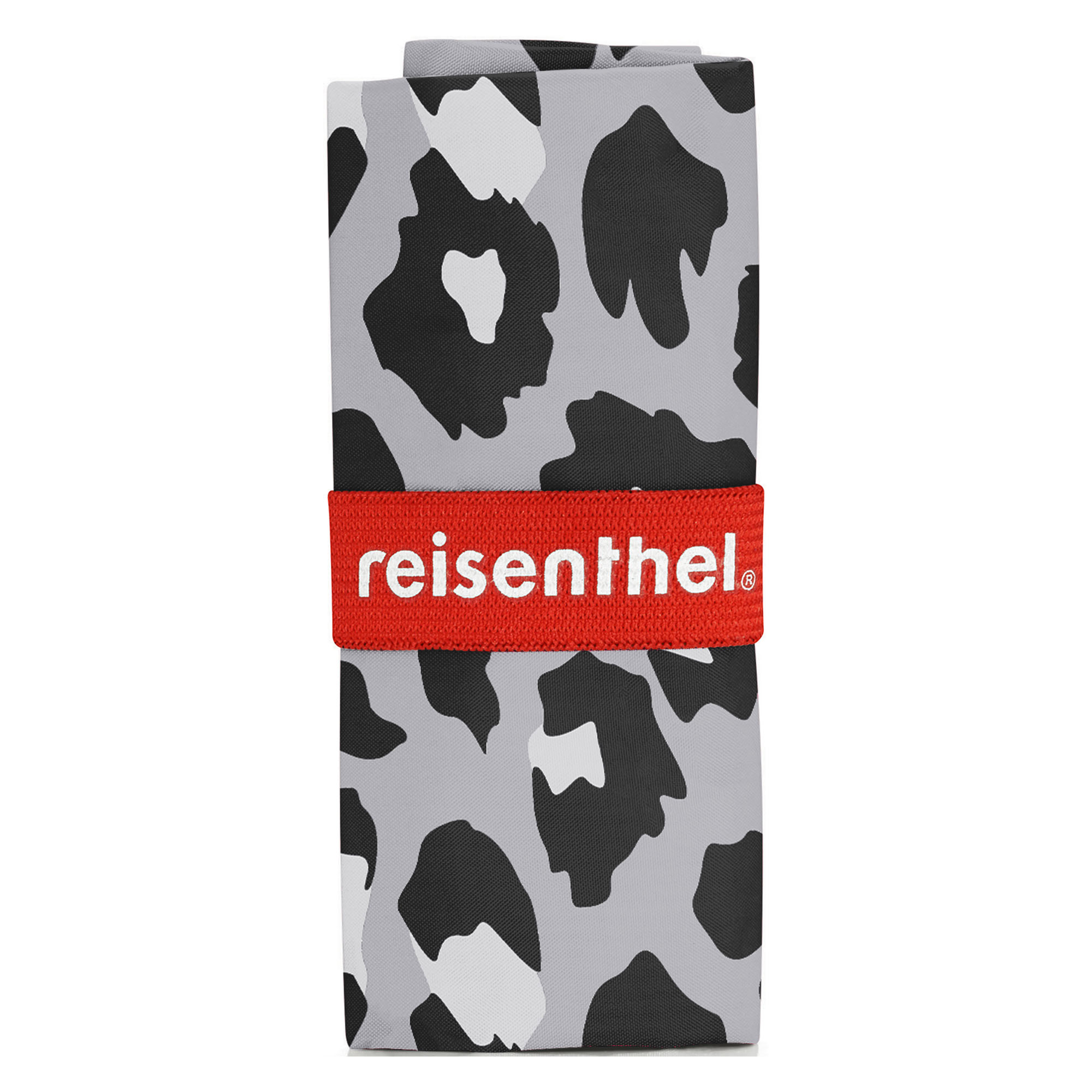 Faltbare Einkaufstasche von Reisenthel, Modell Mini Maxi Shopper, in Schwarz und Weiß mit Leopardenmuster, kompakt gefaltet in einer gemusterten Hülle mit rotem Reisenthel-Band.