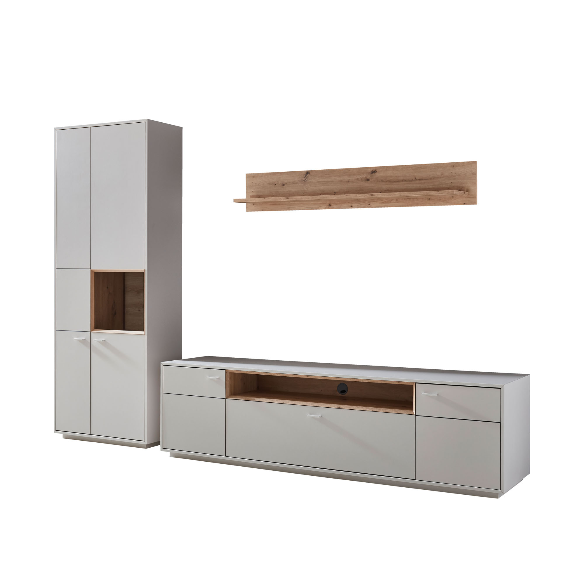 Wohnkombination in Weiß mit Hochschrank TV-Lowboard und Wandregal in natürlicher Holzoptik