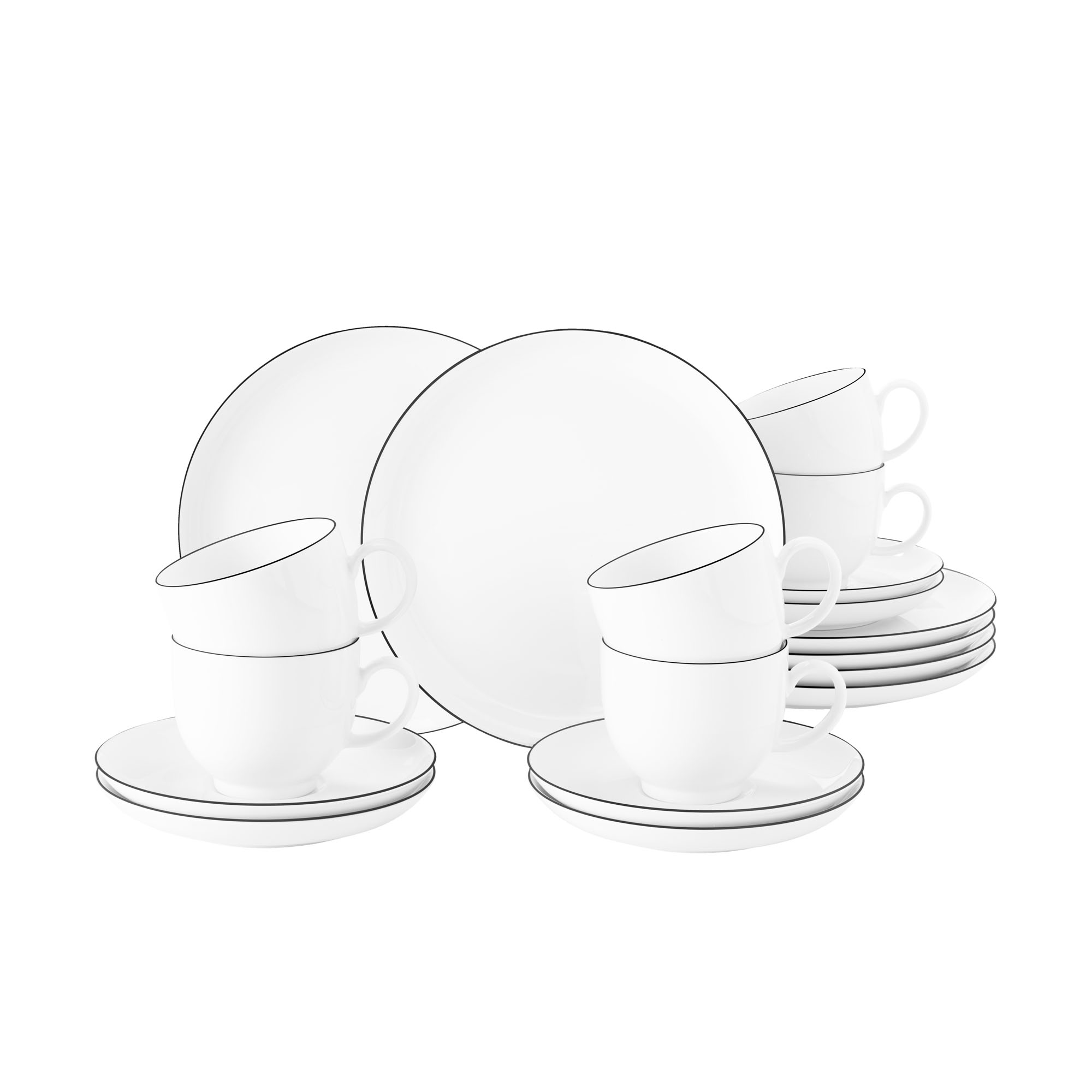 Kaffeeservice in Weiß mit schwarzer Randlinie; zusammengestellte Ansicht. Sichtbare Gestaltung: Tassen, Untertassen und Teller gemeinsam angeordnet.