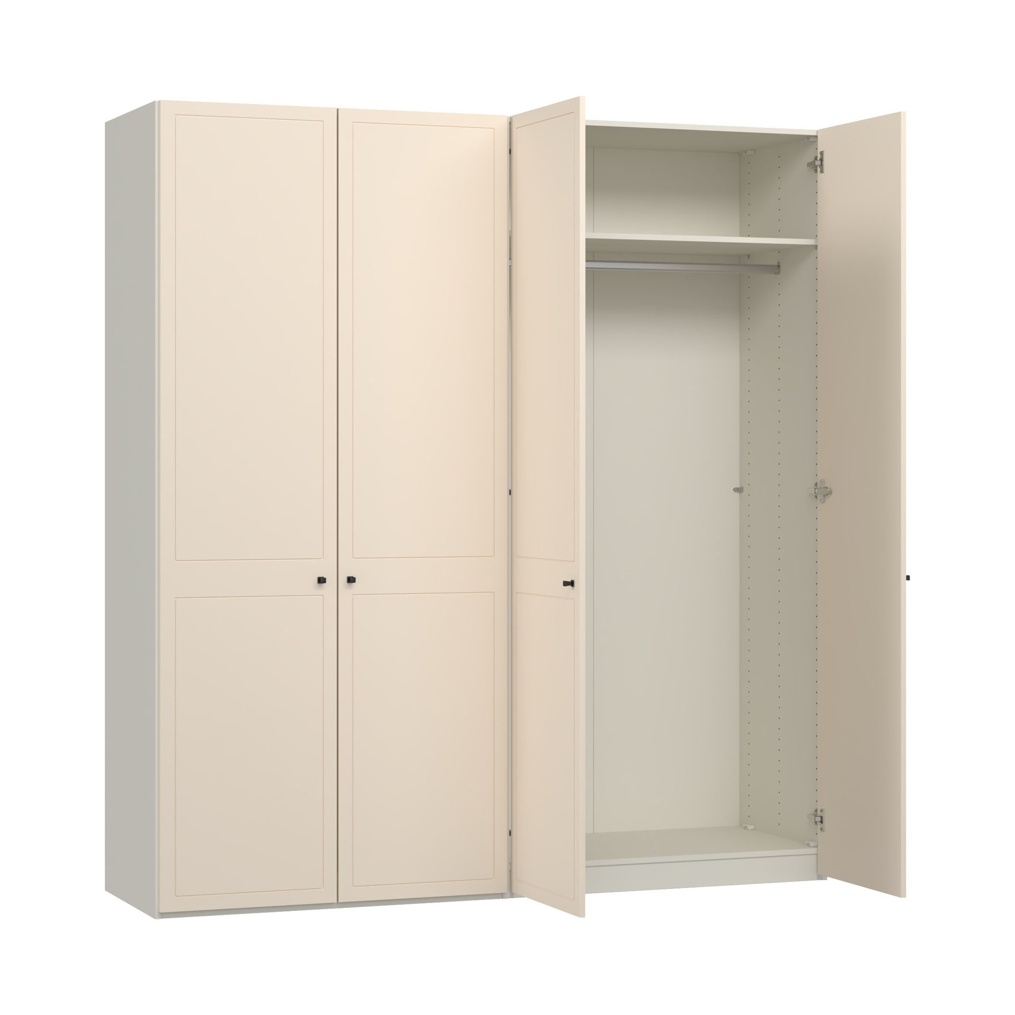 Kleiderschrank mit geöffneter Drehtür und Innenraum mit Einlegeboden und Kleiderstange