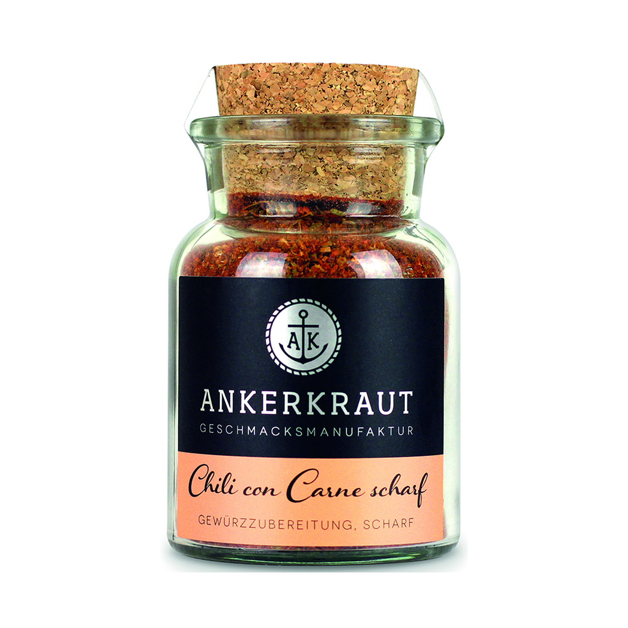 Korkenglas der Ankerkraut-Mischung Chili con Carne scharf; das schwarze Etikett trägt einen orangefarbenen Namensstreifen.