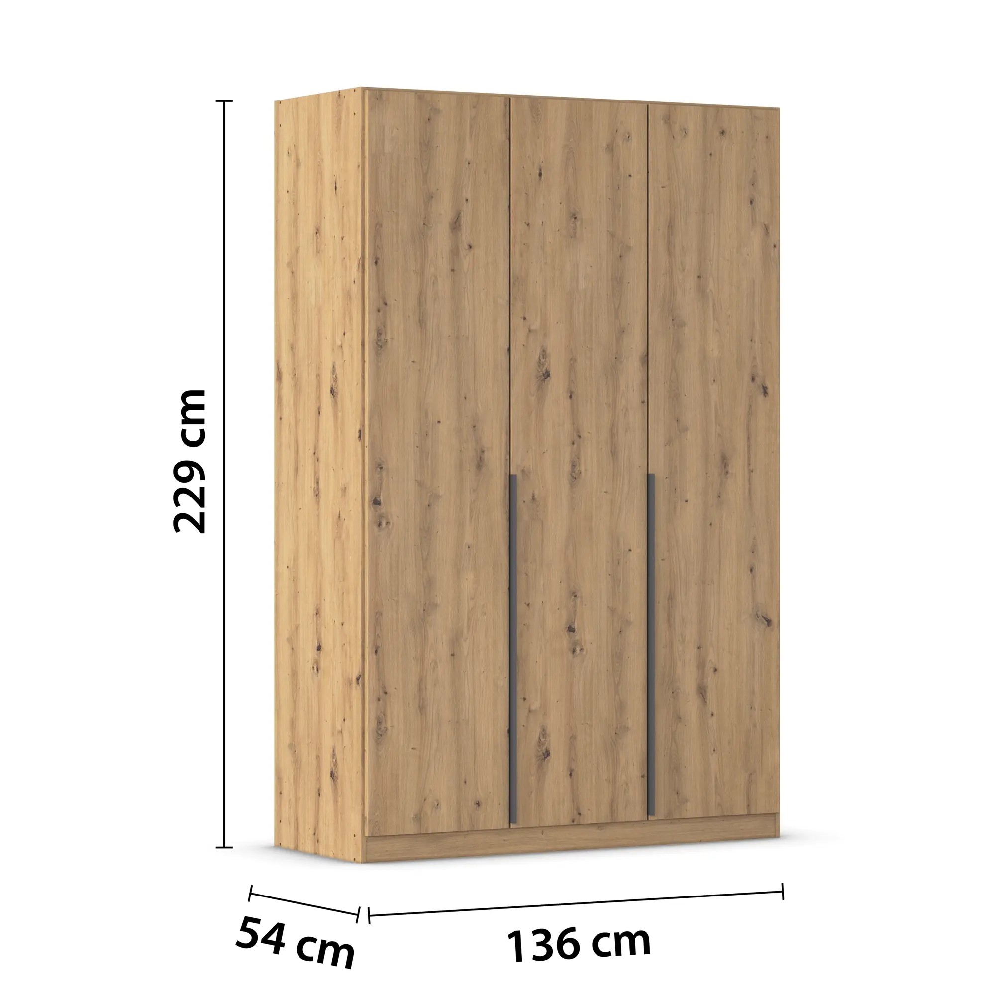 3-türiger Kleiderschrank in Eiche Artisan mit Maßangaben Höhe 229 cm, Breite 136 cm und Tiefe 54 cm