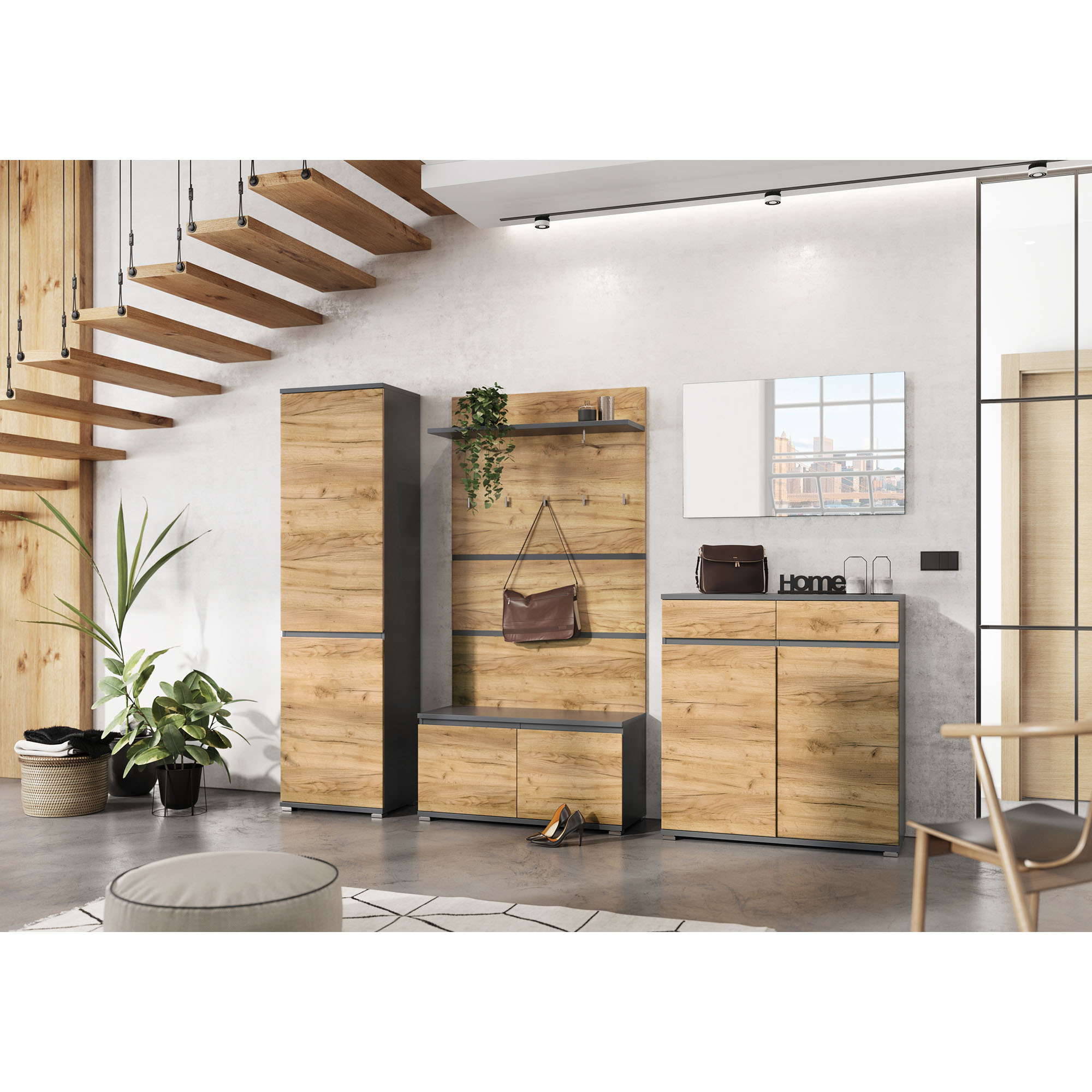 Schuhbank mit Holzfronten und anthrazitfarbenem Korpus als Teil einer eingerichteten Garderobe