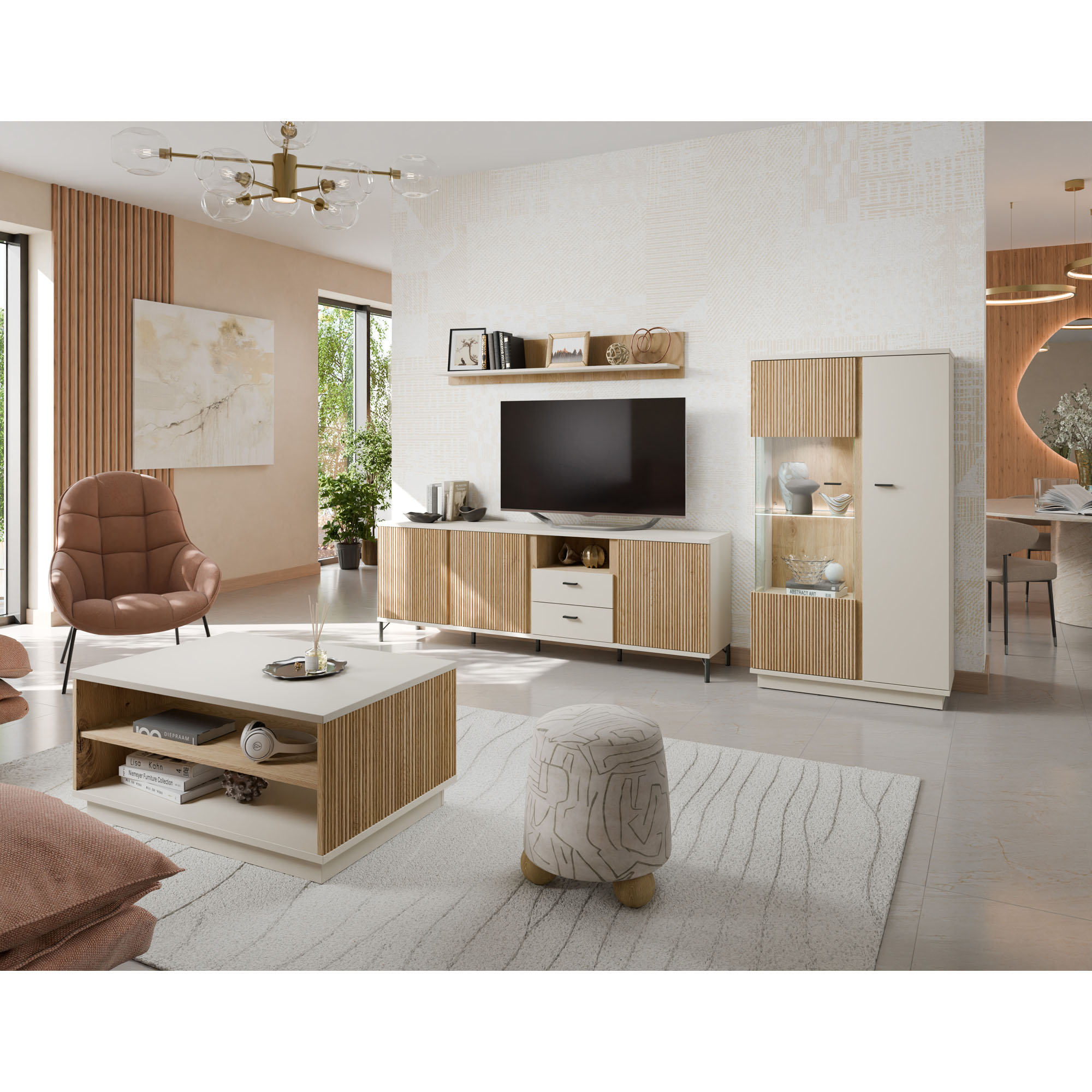Modern eingerichtetes Wohnzimmer mit Couchtisch, TV-Lowboard, Vitrine und Wandboard in Kaschmir und Eiche mit dekorativen Rillenfronten