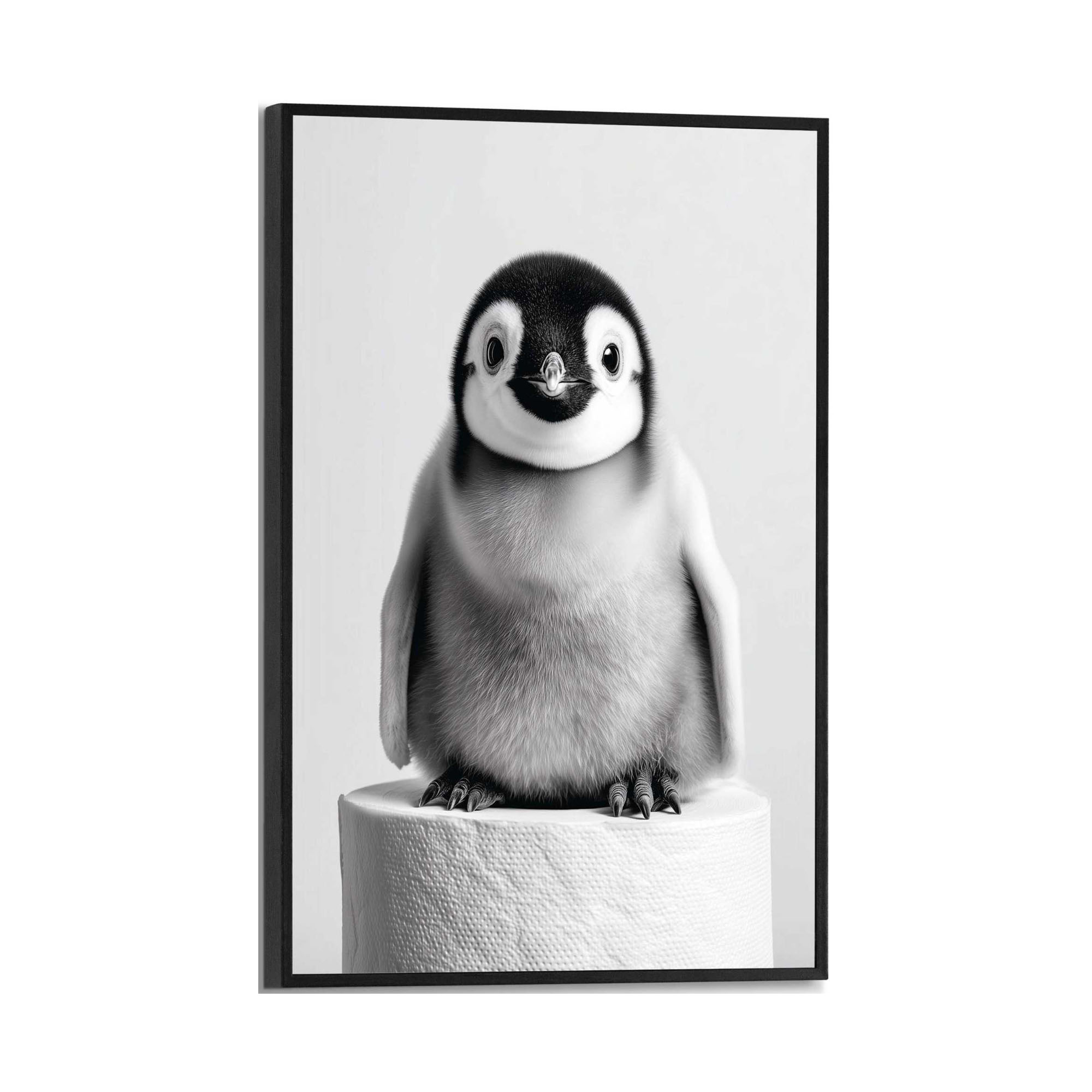 Frontansicht des Wandbilds „Penguin Paper“ in Schwarz-Weiß, Größe 20 × 30 cm; das vollständige Motiv ist zu sehen.