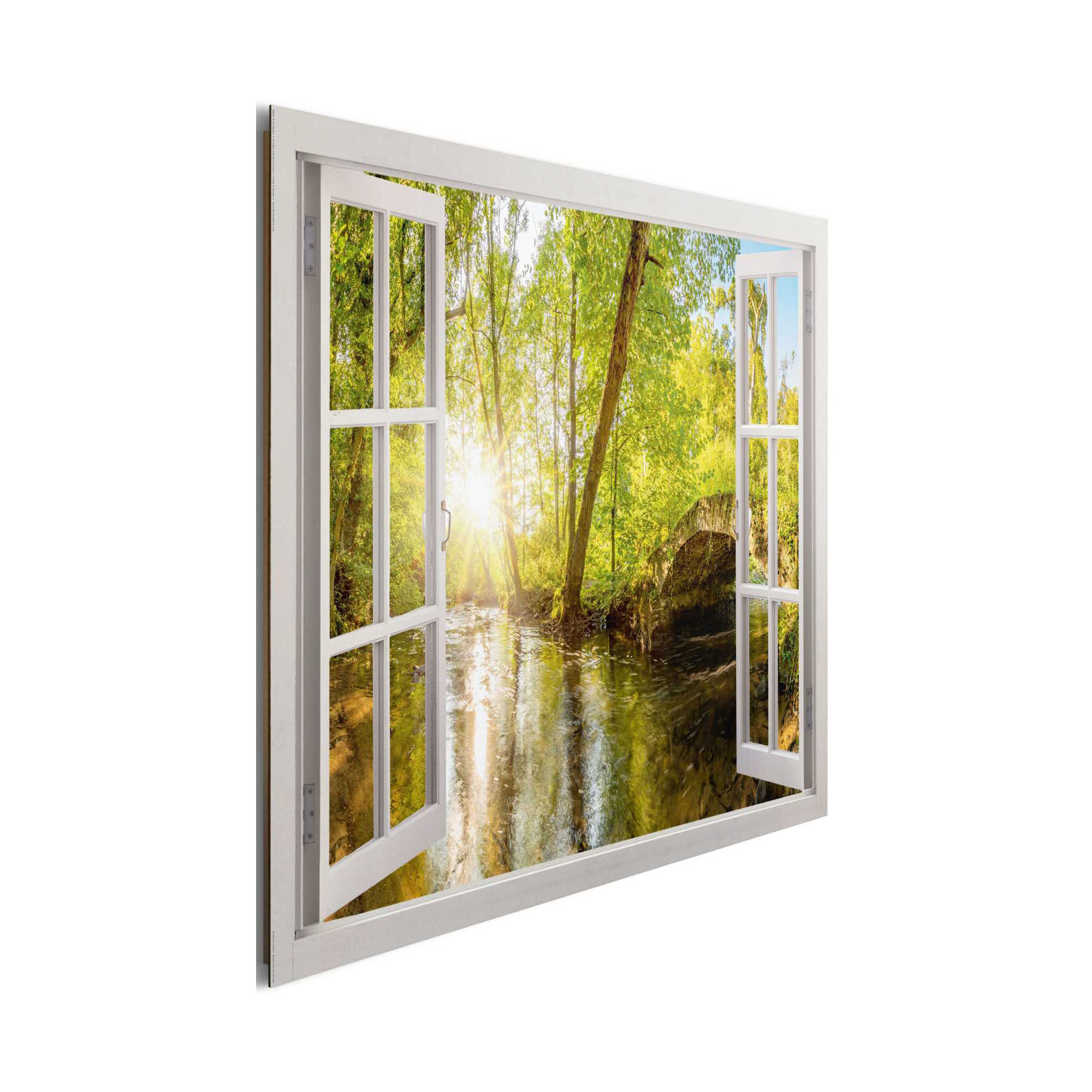 Seitliche Schrägansicht des Wandbilds „Forest Window“, 60 × 90 cm; Profil, Kante und Tiefe des Bildes sind erkennbar.