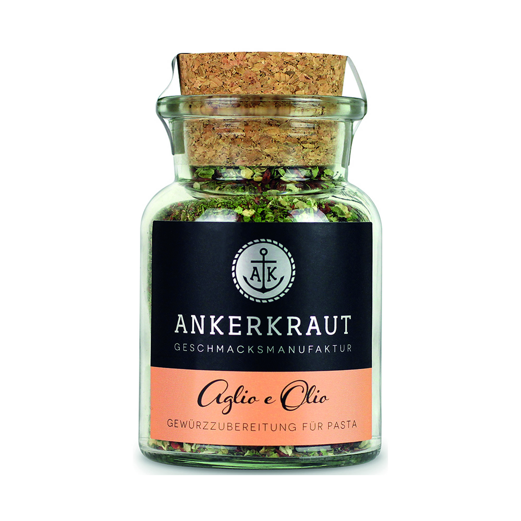 Ankerkraut Aglio e Olio in einem Glas mit Korkverschluss; die grüne Kräutermischung ist oberhalb des schwarzen Etiketts sichtbar.