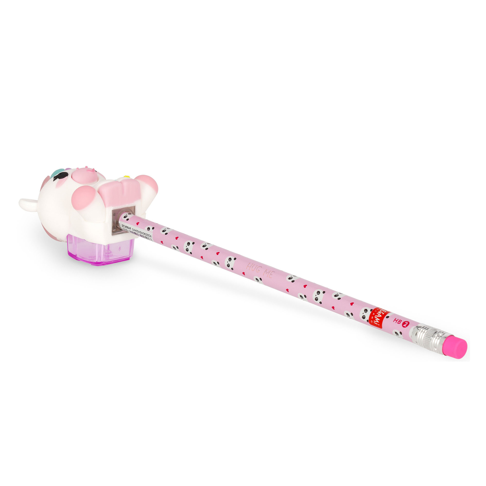 Rosa Leuchtstift mit Einhorn-Spitzerbehälter, als vollständiger Stift mit Tieraufsatz auf weißem Hintergrund gezeigt.
