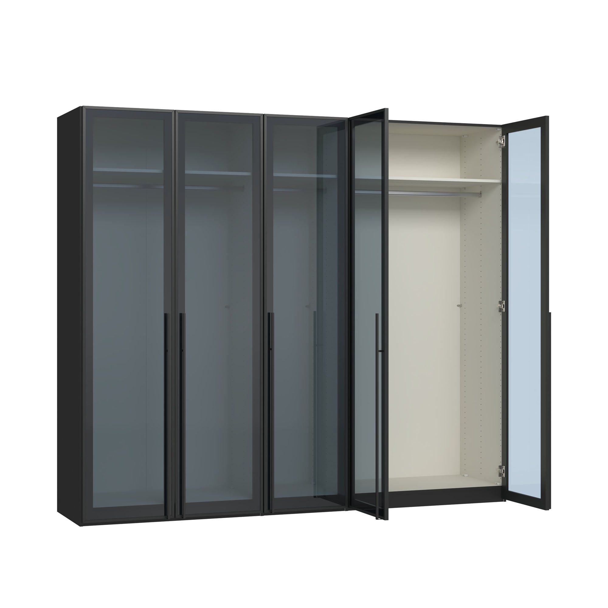Drehtürenschrank mit teilweise geöffneten Glastüren und sichtbarem Innenraum