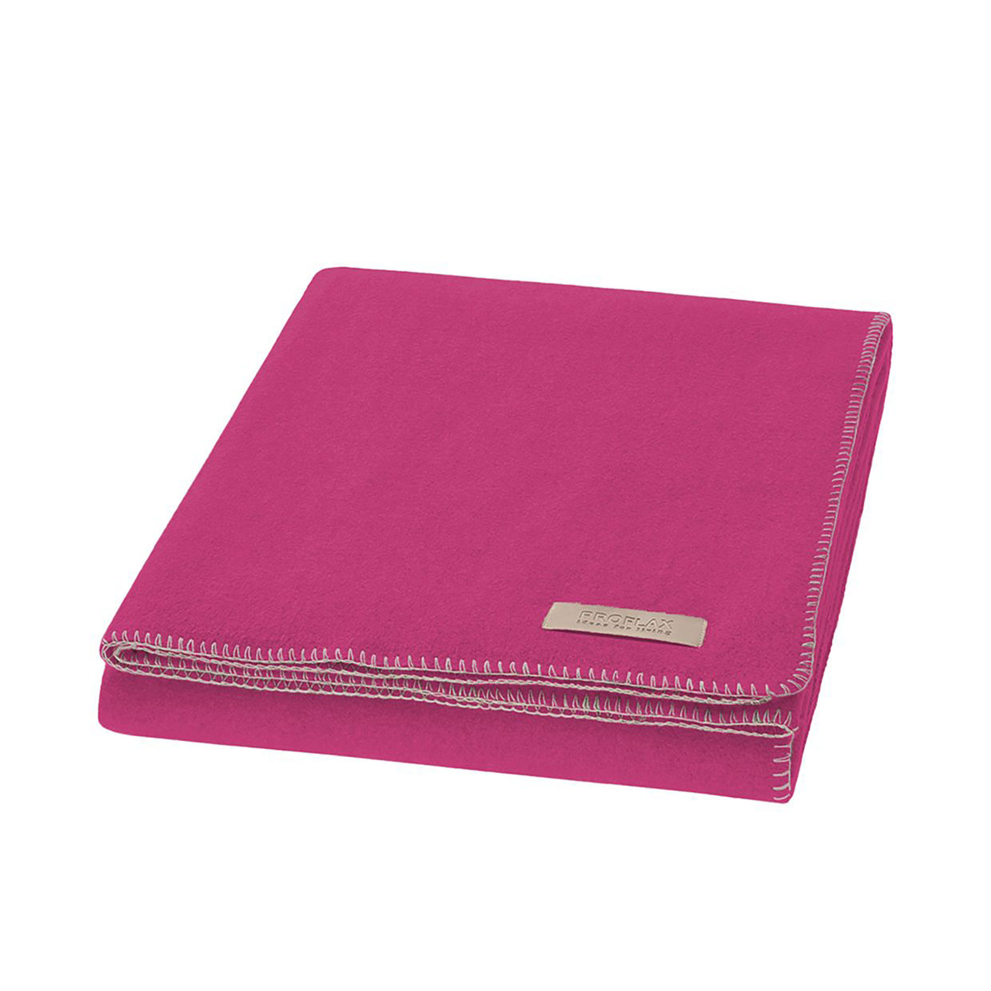 Decke Proflax Fleece in Azaleenpink, 160 × 200 cm, sauber gefaltet mit sichtbarer Ziernaht am Rand und kleinem Textillabel.