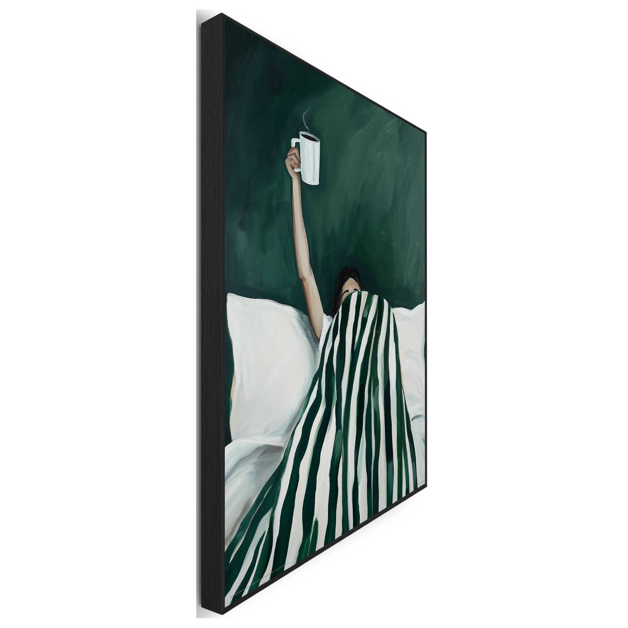 Seitliche Schrägansicht des Wandbilds „Bed Coffee“, 40 × 50 cm; Profil, Kante und Tiefe des Bildes sind erkennbar.