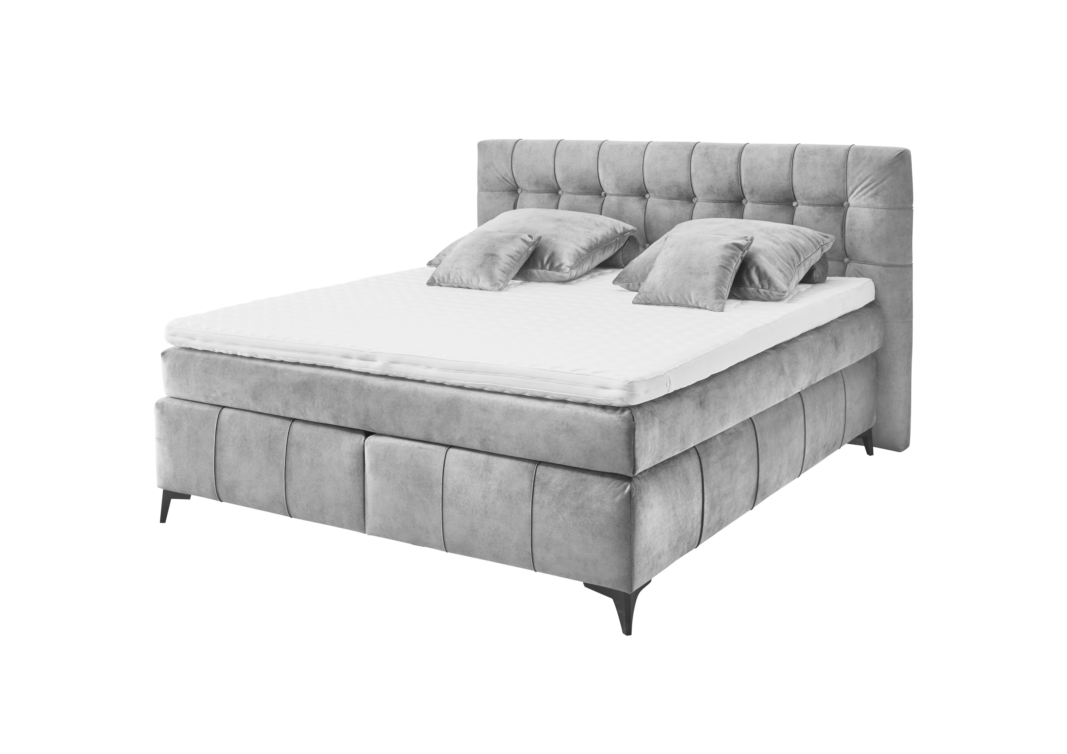 Modernes Boxspringbett in grauem Stoffbezug „Salvador 14 grey“ mit 7-Zonen-Tonnentaschenfederkern-Matratze, Liegefläche 140x200 cm, aus schräger Perspektive vollständig zu sehen