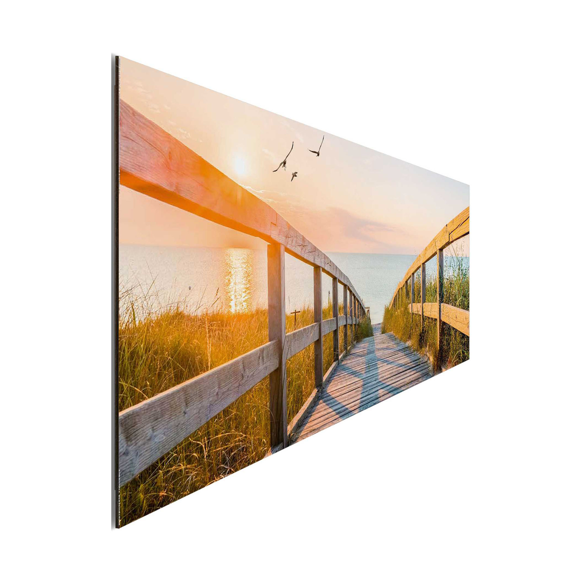 Seitliche Schrägansicht des Wandbilds „Beach Boardwalk“, 30 × 90 cm; Profil, Kante und Tiefe des Bildes sind erkennbar.